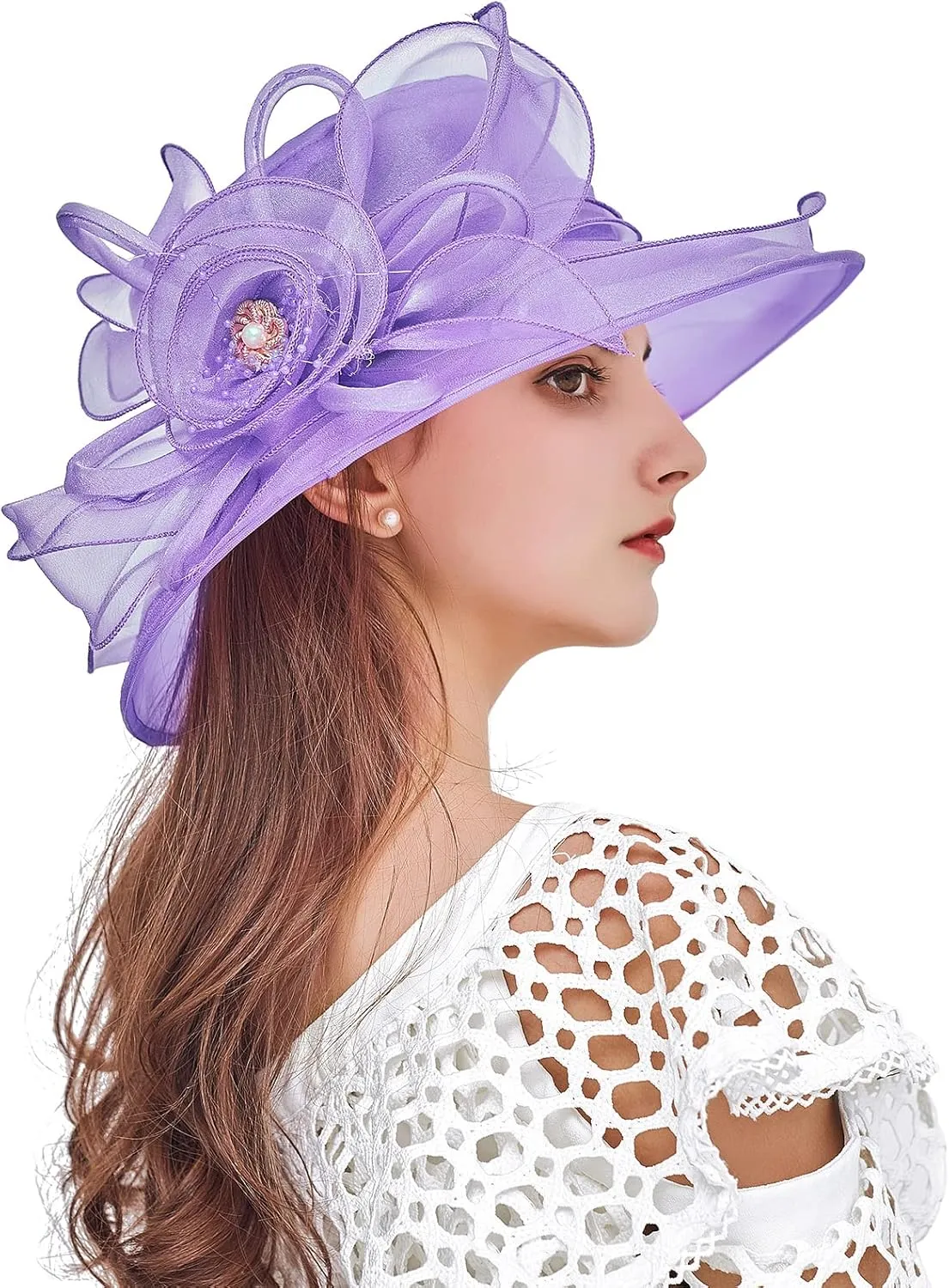 Women Derby Fascinator Hat Organza Church Wedding Tea Party Hats Wide Brim Sun Hat