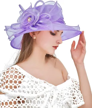Women Derby Fascinator Hat Organza Church Wedding Tea Party Hats Wide Brim Sun Hat