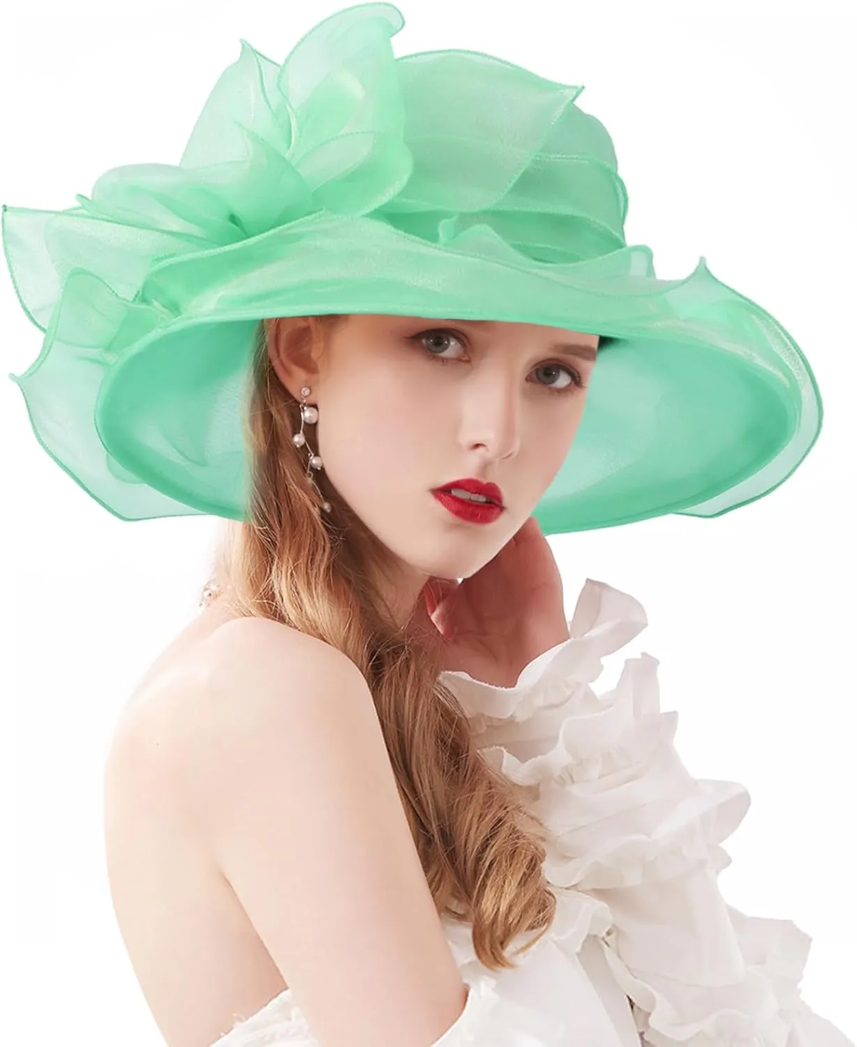 Women Derby Fascinator Hat Organza Church Wedding Tea Party Hats Wide Brim Sun Hat