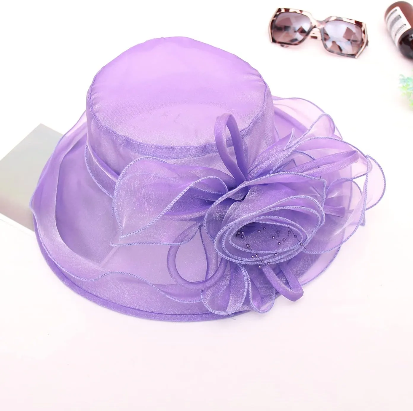 Women Derby Fascinator Hat Organza Church Wedding Tea Party Hats Wide Brim Sun Hat