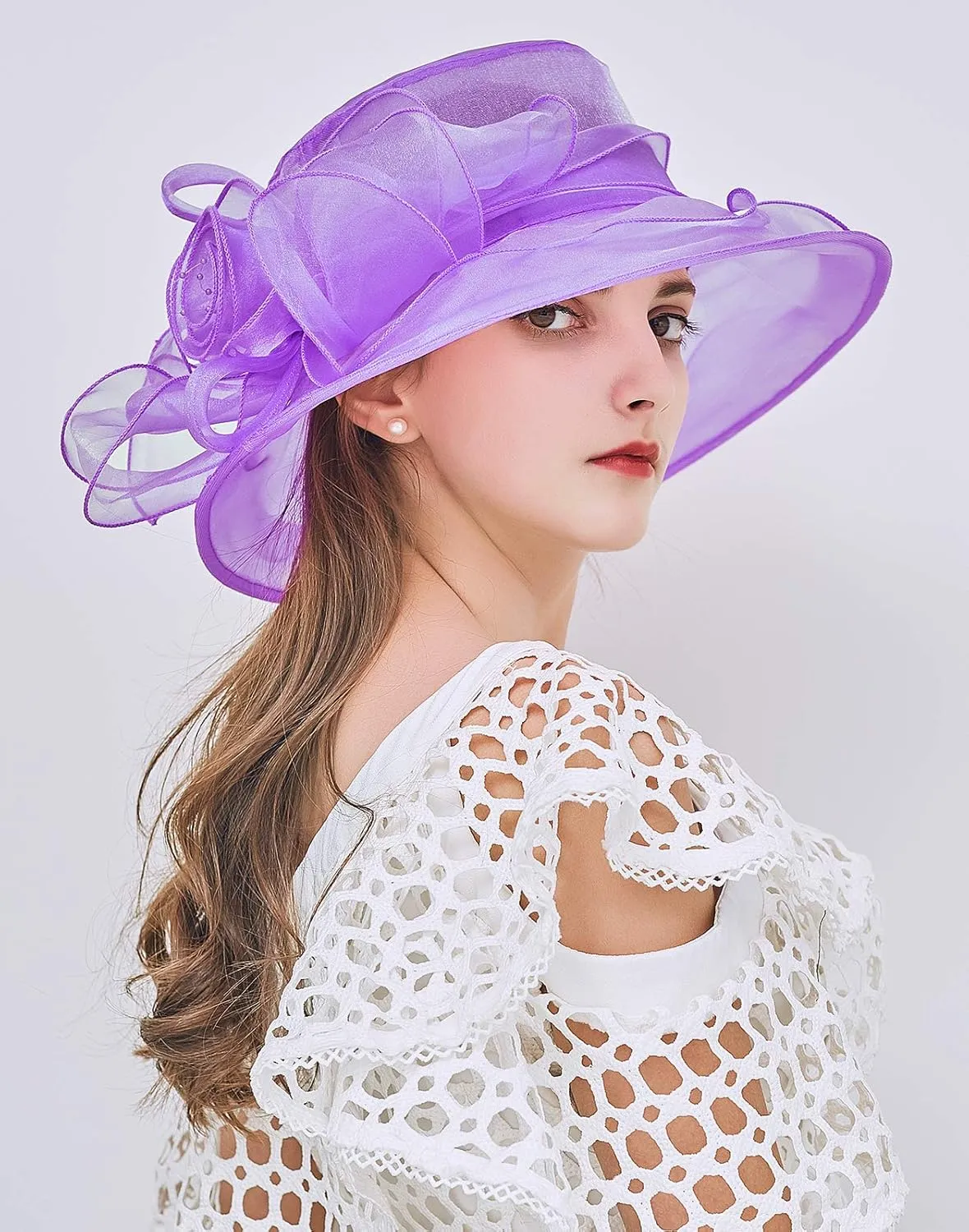 Women Derby Fascinator Hat Organza Church Wedding Tea Party Hats Wide Brim Sun Hat