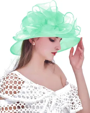 Women Derby Fascinator Hat Organza Church Wedding Tea Party Hats Wide Brim Sun Hat