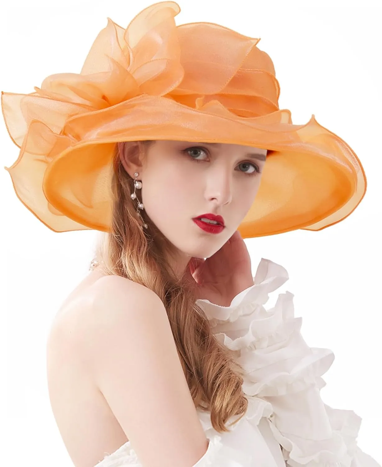 Women Derby Fascinator Hat Organza Church Wedding Tea Party Hats Wide Brim Sun Hat