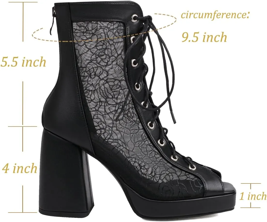 Women Platform Chunky Heel Sandal Booties Open Peep Square Toe Mesh Bootie Lace Up Gladiator Sandal Block High Heels Zipper Summer Boots Snakeskin Embroidered Caged Shoes Dressy 4-14 M US