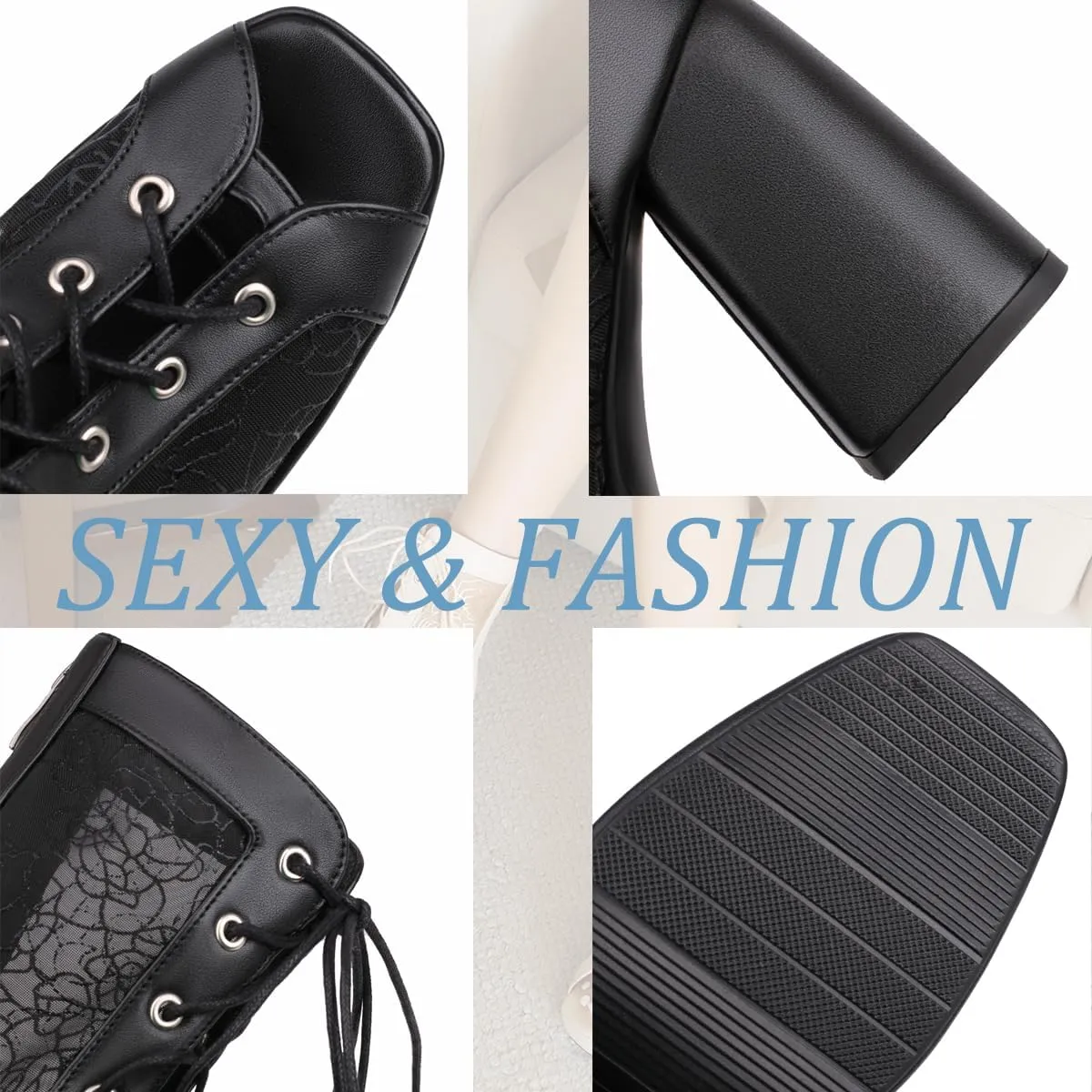 Women Platform Chunky Heel Sandal Booties Open Peep Square Toe Mesh Bootie Lace Up Gladiator Sandal Block High Heels Zipper Summer Boots Snakeskin Embroidered Caged Shoes Dressy 4-14 M US