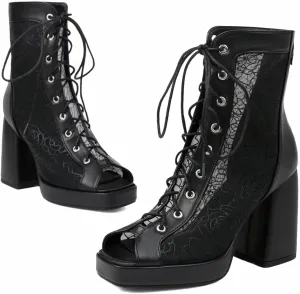 Women Platform Chunky Heel Sandal Booties Open Peep Square Toe Mesh Bootie Lace Up Gladiator Sandal Block High Heels Zipper Summer Boots Snakeskin Embroidered Caged Shoes Dressy 4-14 M US