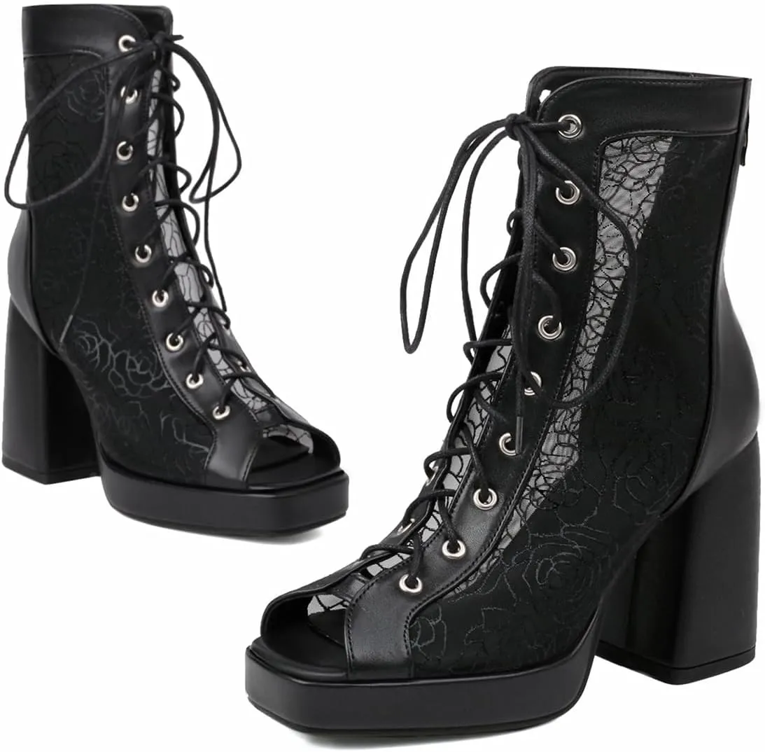 Women Platform Chunky Heel Sandal Booties Open Peep Square Toe Mesh Bootie Lace Up Gladiator Sandal Block High Heels Zipper Summer Boots Snakeskin Embroidered Caged Shoes Dressy 4-14 M US