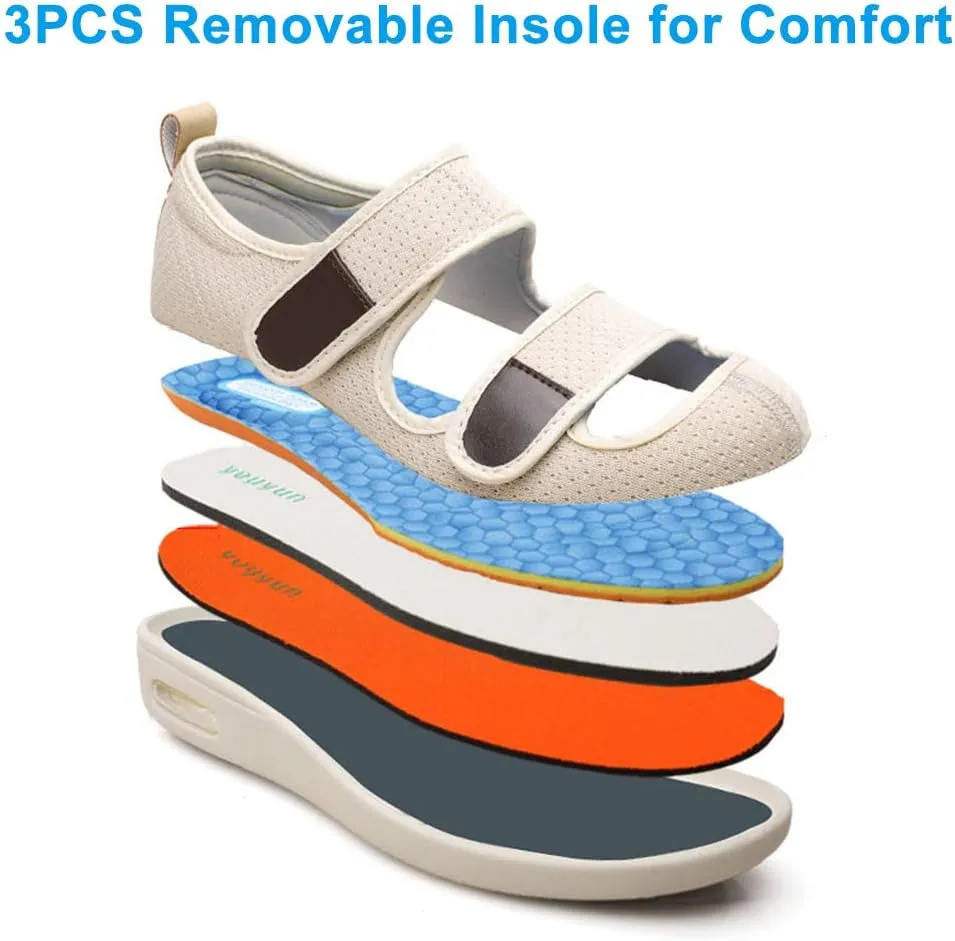 Womens Adjustable Sandal Extra Wide Widths Diabetic Edema Walking Shoes Closed Toe Slippers Easy On/Off with 3 Pairs Insoles Replacement for Elderly Swelling Bandaged Feet