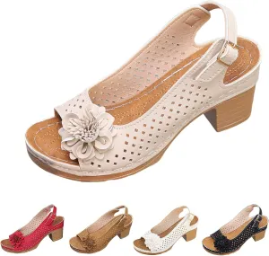 Womens Chunky High Block Heels Sandals Buckled Square Non Slip Beach Sandal Fish Mouth Flowers Sandals Elegant Flowers Decor Hollow Out Sandal with Adjustable Buckle Straps