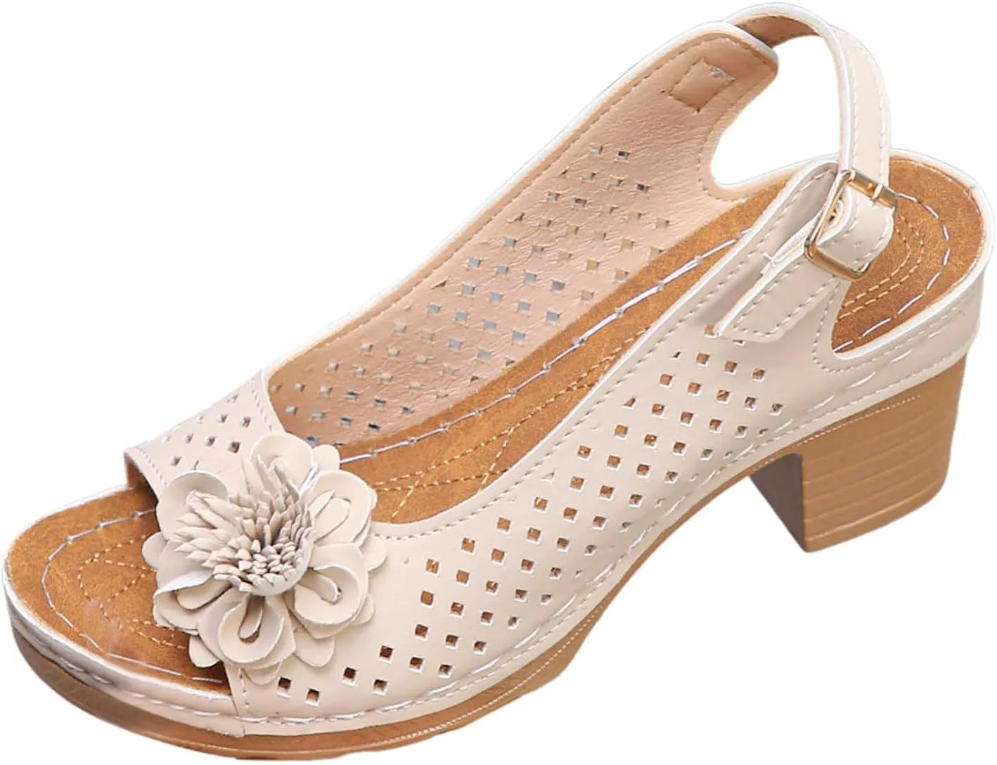 Womens Chunky High Block Heels Sandals Buckled Square Non Slip Beach Sandal Fish Mouth Flowers Sandals Elegant Flowers Decor Hollow Out Sandal with Adjustable Buckle Straps