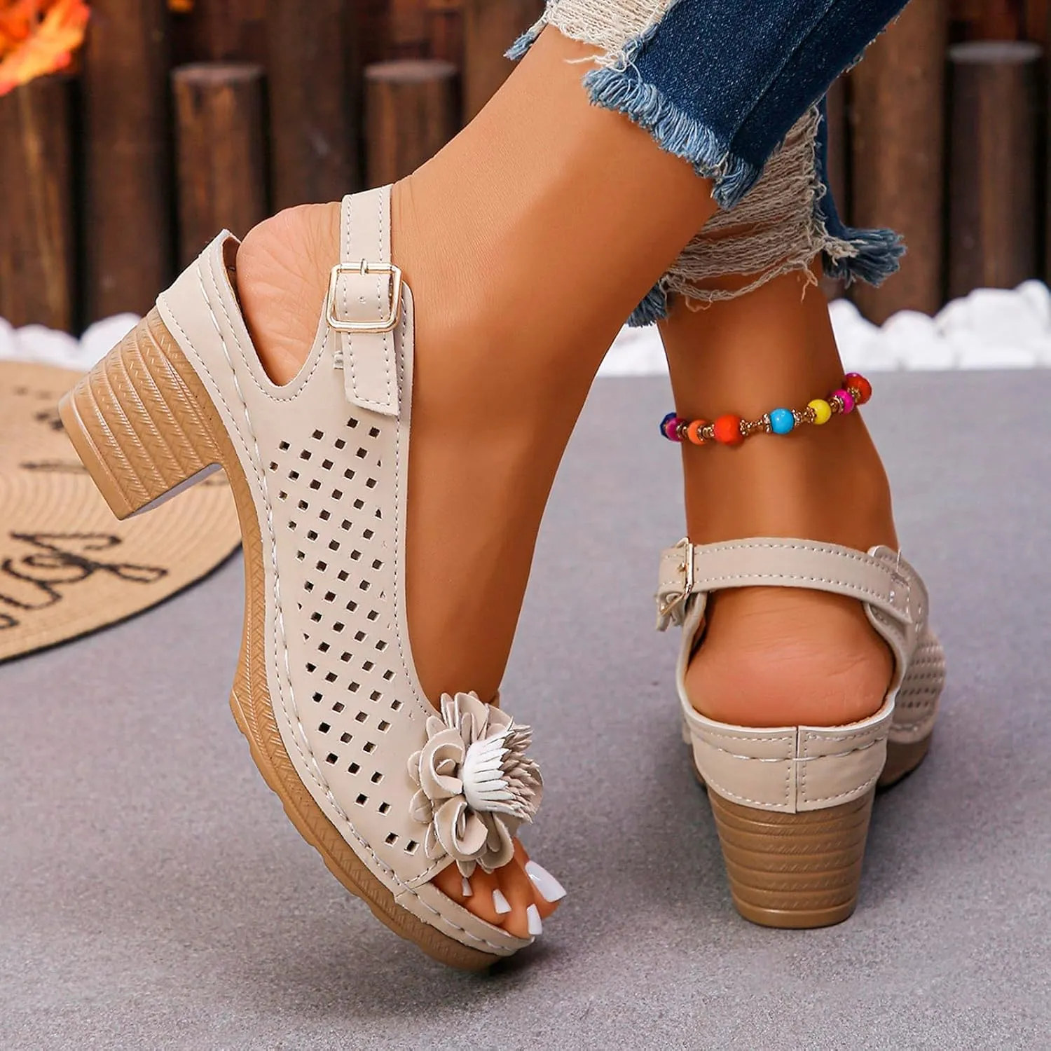 Womens Chunky High Block Heels Sandals Buckled Square Non Slip Beach Sandal Fish Mouth Flowers Sandals Elegant Flowers Decor Hollow Out Sandal with Adjustable Buckle Straps