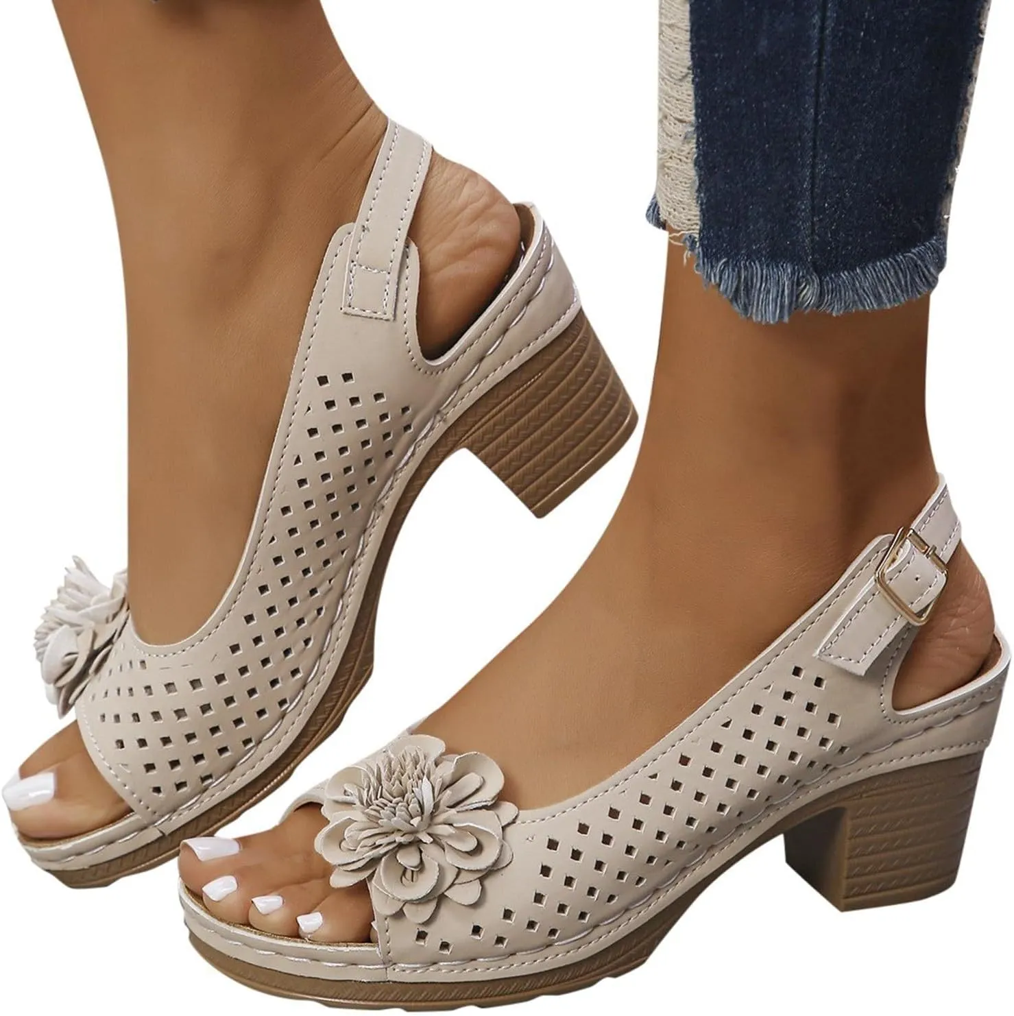 Womens Chunky High Block Heels Sandals Buckled Square Non Slip Beach Sandal Fish Mouth Flowers Sandals Elegant Flowers Decor Hollow Out Sandal with Adjustable Buckle Straps