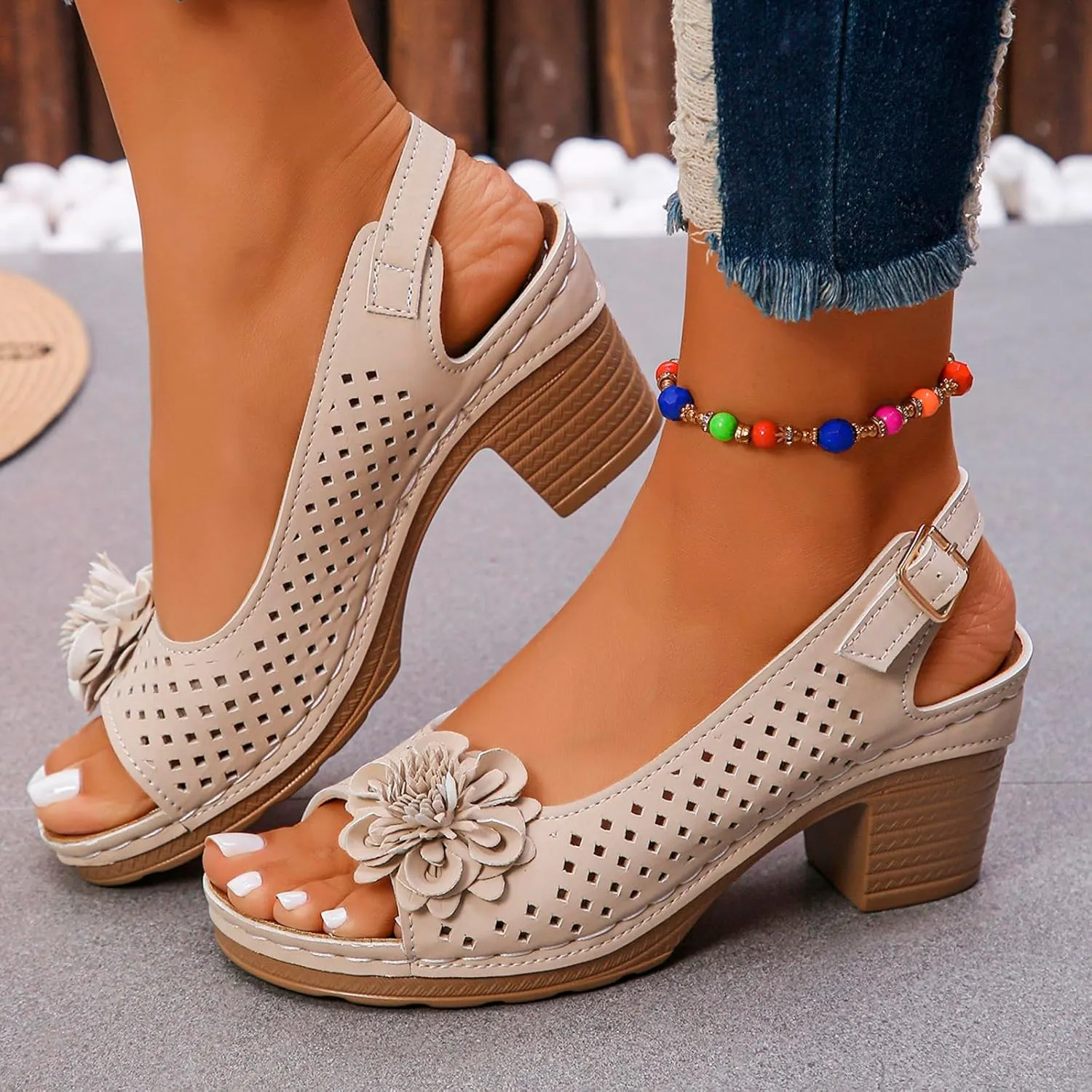 Womens Chunky High Block Heels Sandals Buckled Square Non Slip Beach Sandal Fish Mouth Flowers Sandals Elegant Flowers Decor Hollow Out Sandal with Adjustable Buckle Straps