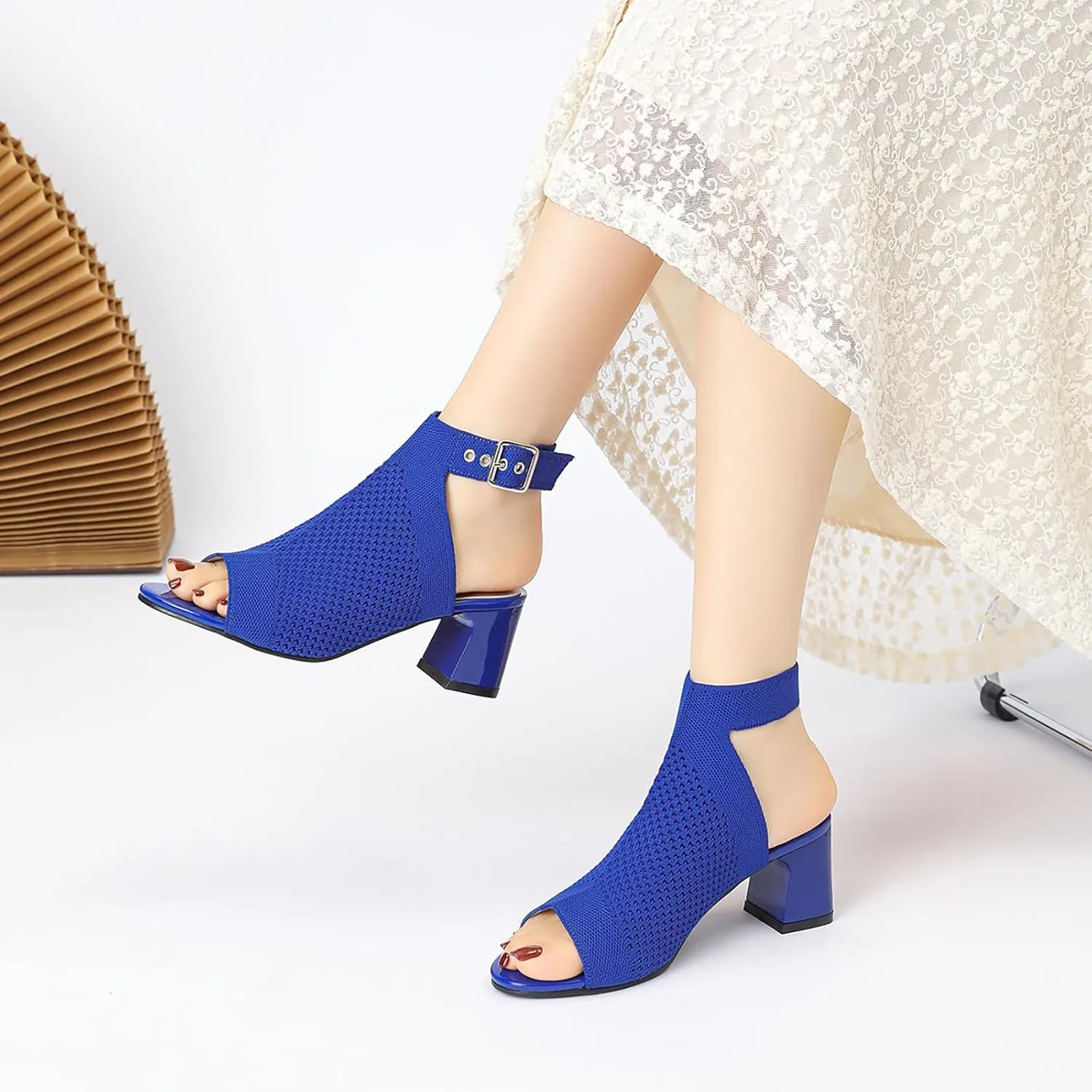 Women'S Knit Stretchy Fish Mouth Chunky Heel Sandals With Adjustable Ankle Strap Fashion Comfortable Mesh Breathable Slingback Block Heel Sandals Summer Casual Work Office Wedding Dressy Pumps