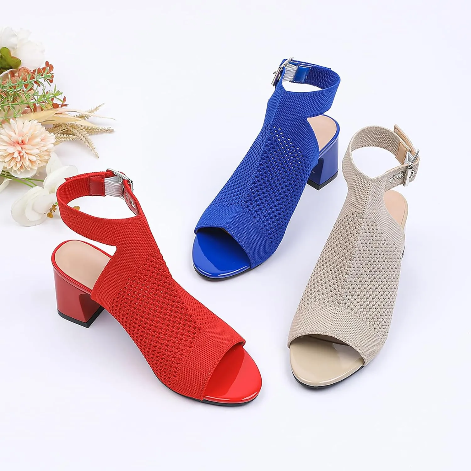 Women'S Knit Stretchy Fish Mouth Chunky Heel Sandals With Adjustable Ankle Strap Fashion Comfortable Mesh Breathable Slingback Block Heel Sandals Summer Casual Work Office Wedding Dressy Pumps