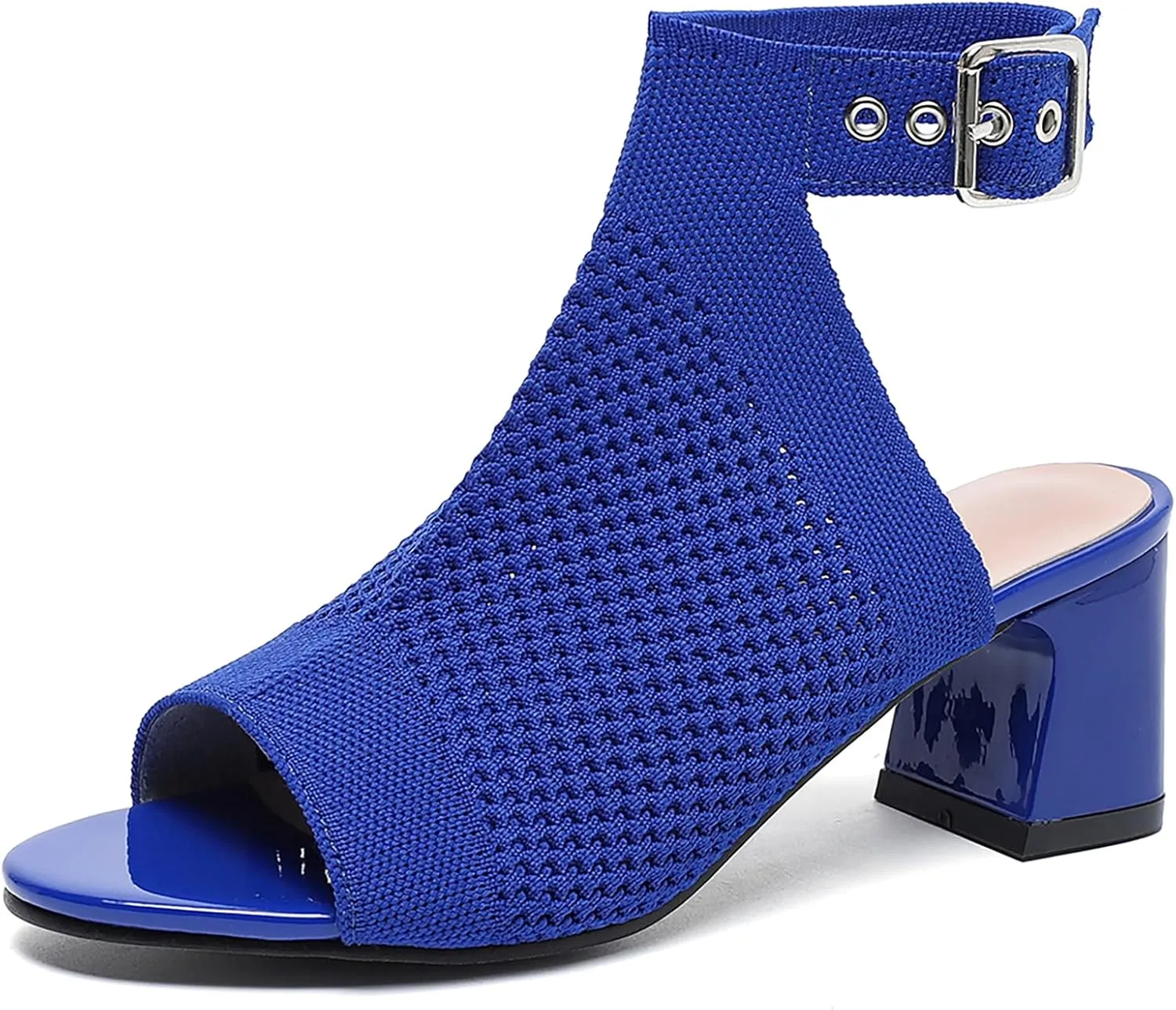 Women'S Knit Stretchy Fish Mouth Chunky Heel Sandals With Adjustable Ankle Strap Fashion Comfortable Mesh Breathable Slingback Block Heel Sandals Summer Casual Work Office Wedding Dressy Pumps