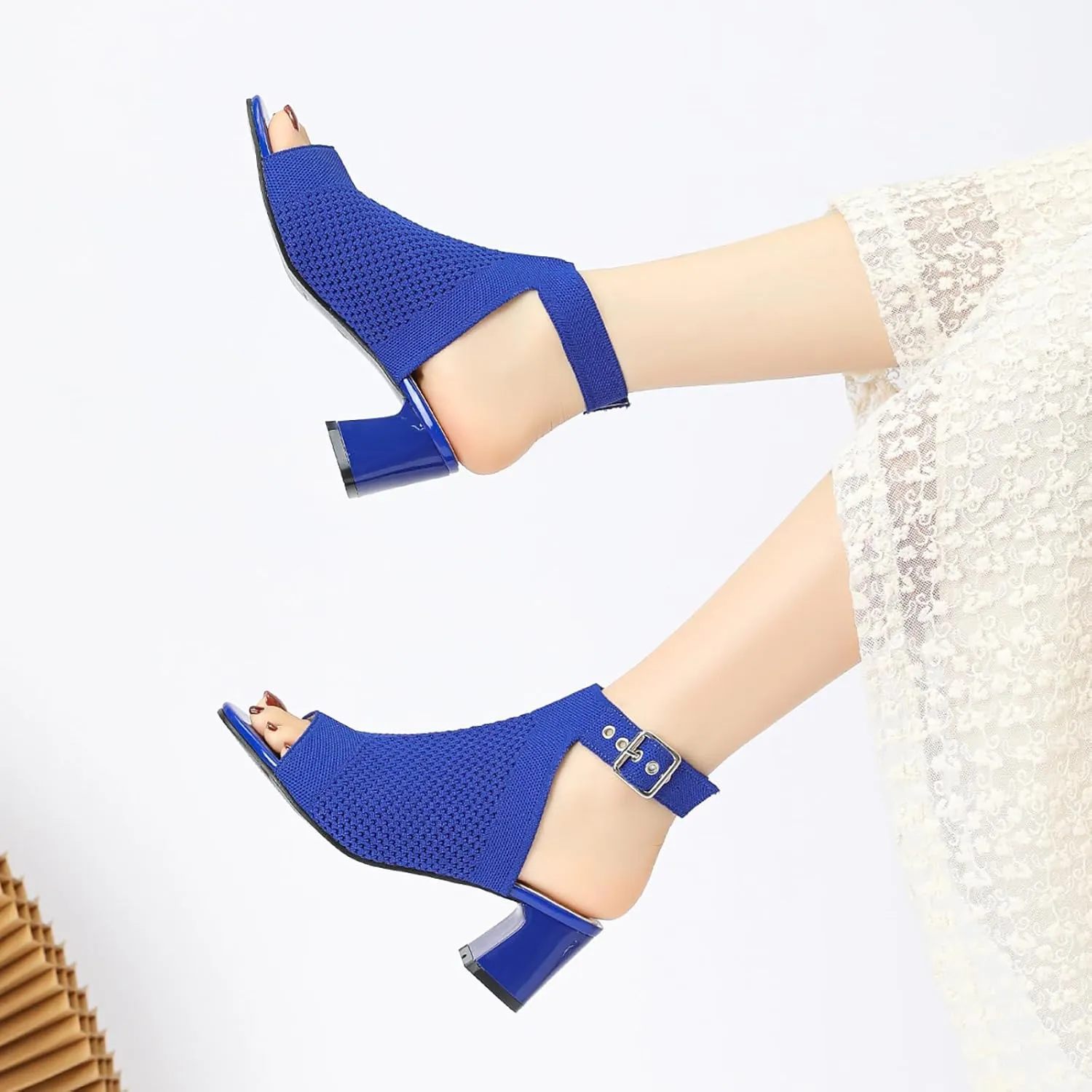 Women'S Knit Stretchy Fish Mouth Chunky Heel Sandals With Adjustable Ankle Strap Fashion Comfortable Mesh Breathable Slingback Block Heel Sandals Summer Casual Work Office Wedding Dressy Pumps