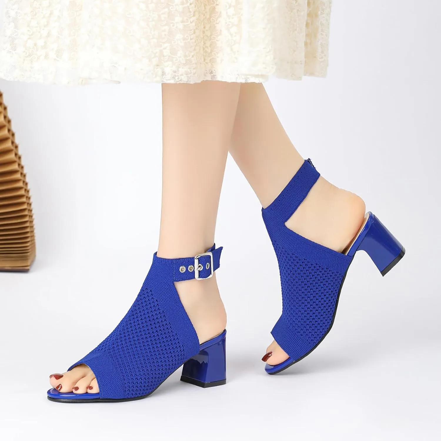 Women'S Knit Stretchy Fish Mouth Chunky Heel Sandals With Adjustable Ankle Strap Fashion Comfortable Mesh Breathable Slingback Block Heel Sandals Summer Casual Work Office Wedding Dressy Pumps