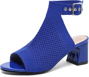 Women'S Knit Stretchy Fish Mouth Chunky Heel Sandals With Adjustable Ankle Strap Fashion Comfortable Mesh Breathable Slingback Block Heel Sandals Summer Casual Work Office Wedding Dressy Pumps