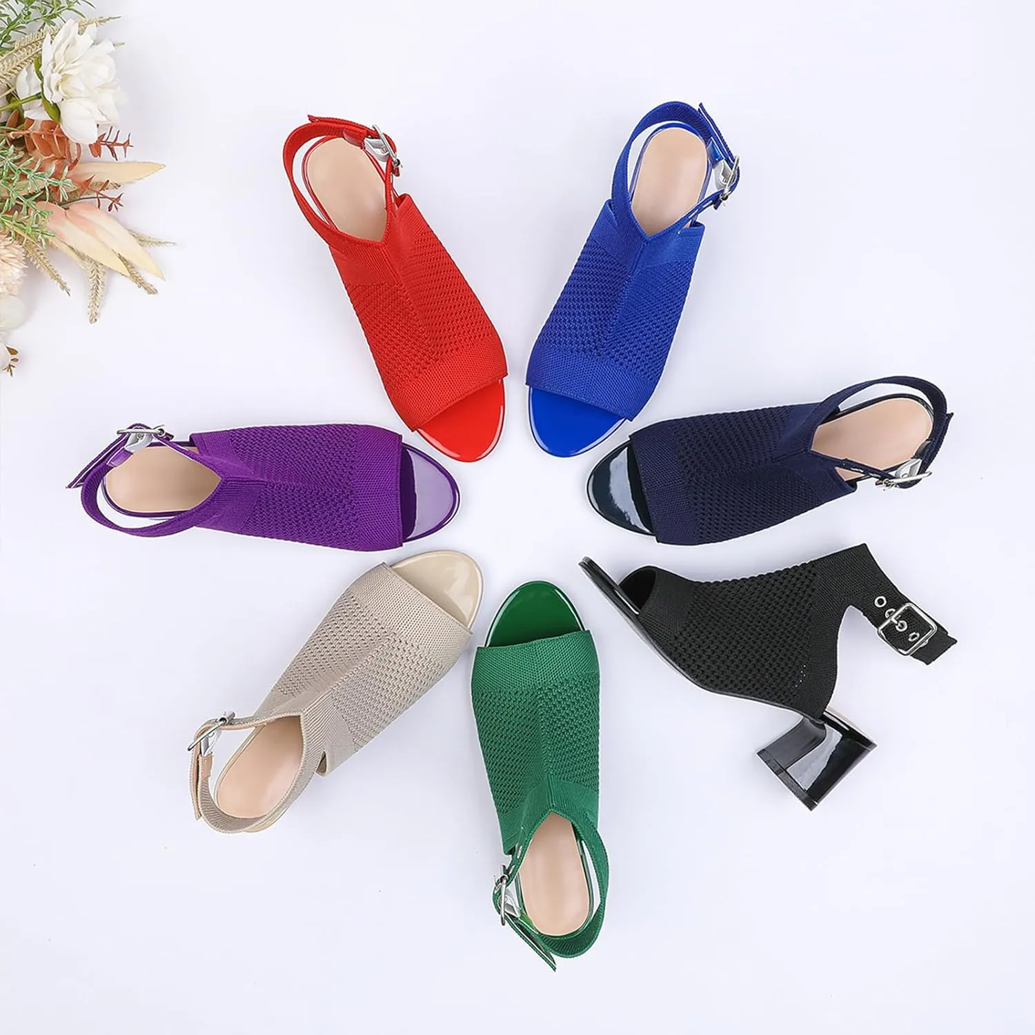 Women'S Knitted Peep Toe Slingback Chunky Heel Buckle Ankle Boots Summer Breathable Mesh Open Toe Hollow Block Heel Sandals Fashion Work Walking Sandals