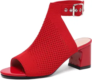Women'S Knitted Peep Toe Slingback Chunky Heel Buckle Ankle Boots Summer Breathable Mesh Open Toe Hollow Block Heel Sandals Fashion Work Walking Sandals