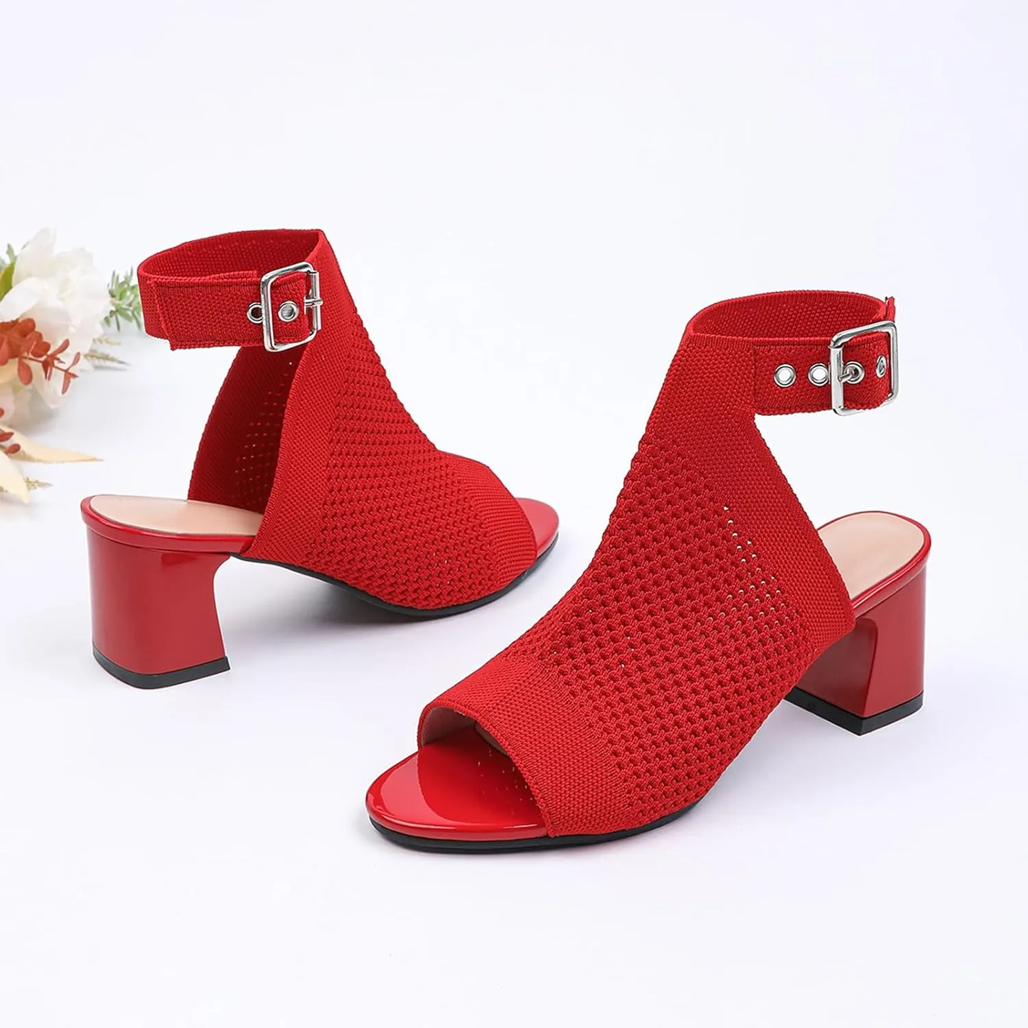 Women'S Knitted Peep Toe Slingback Chunky Heel Buckle Ankle Boots Summer Breathable Mesh Open Toe Hollow Block Heel Sandals Fashion Work Walking Sandals
