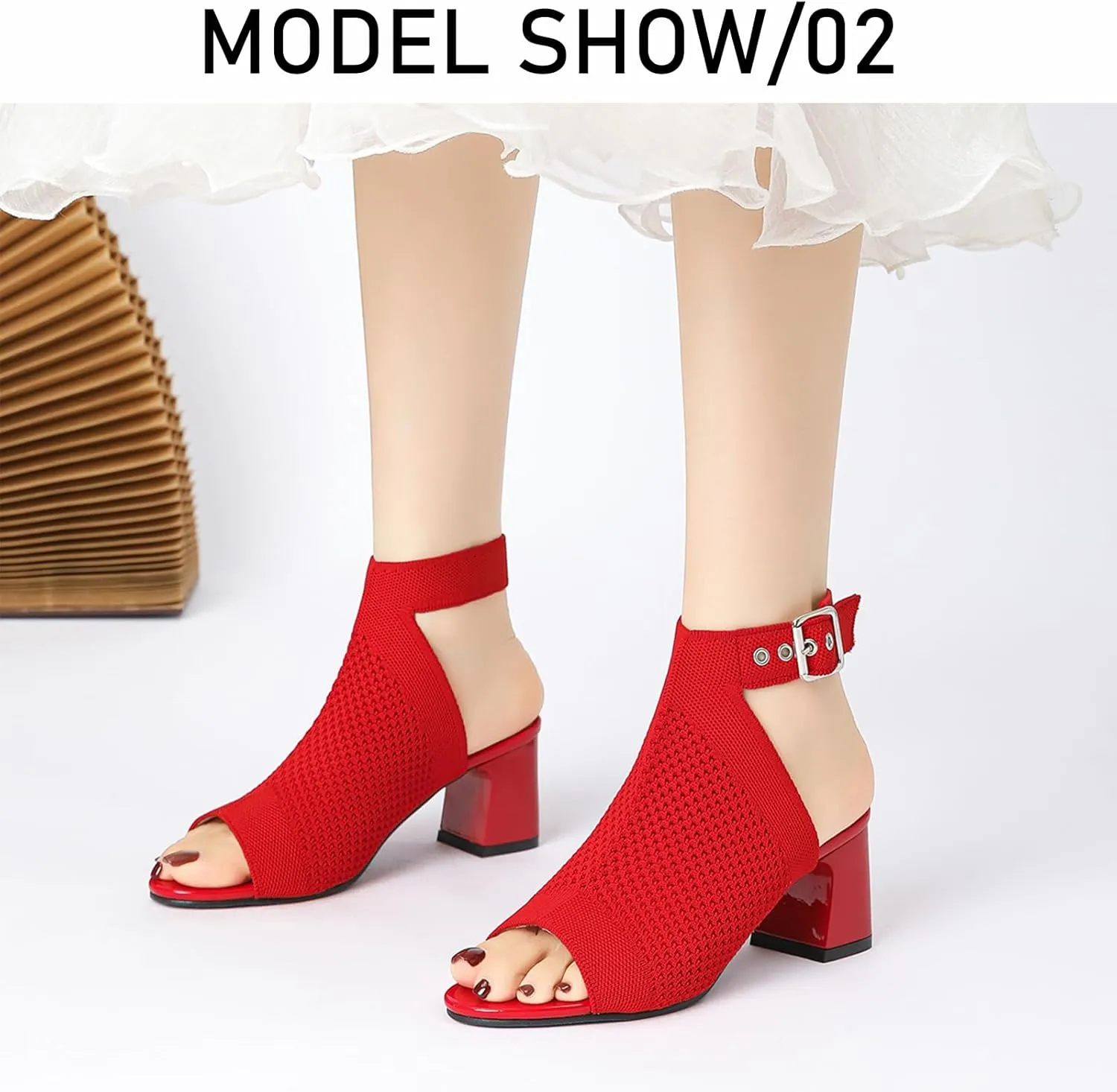 Women'S Knitted Peep Toe Slingback Chunky Heel Buckle Ankle Boots Summer Breathable Mesh Open Toe Hollow Block Heel Sandals Fashion Work Walking Sandals