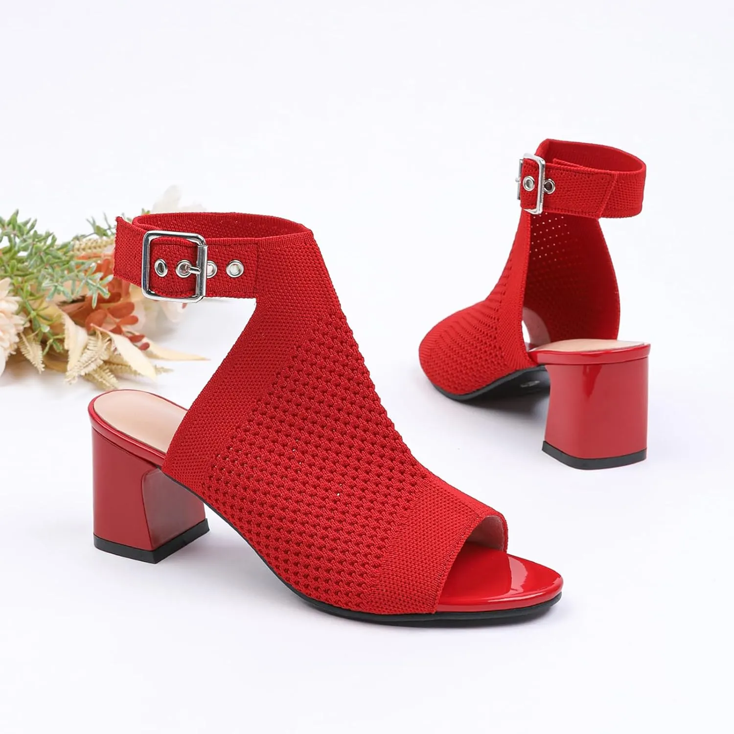 Women'S Knitted Peep Toe Slingback Chunky Heel Buckle Ankle Boots Summer Breathable Mesh Open Toe Hollow Block Heel Sandals Fashion Work Walking Sandals