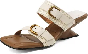 Women's Leather Double Buckle Slip-On Low Block Heel Sandals Adjustable Fashion Square Open Toe Woven Chunky Heels Dress Slides Summer Leisure Office Party Sandal