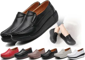 Women's Leather Lace up Slip On Platform Loafers,Comfortable Arch Support Round Toe Wedge Non-Slip Increase Wide Low Top Casual Platform Shoes