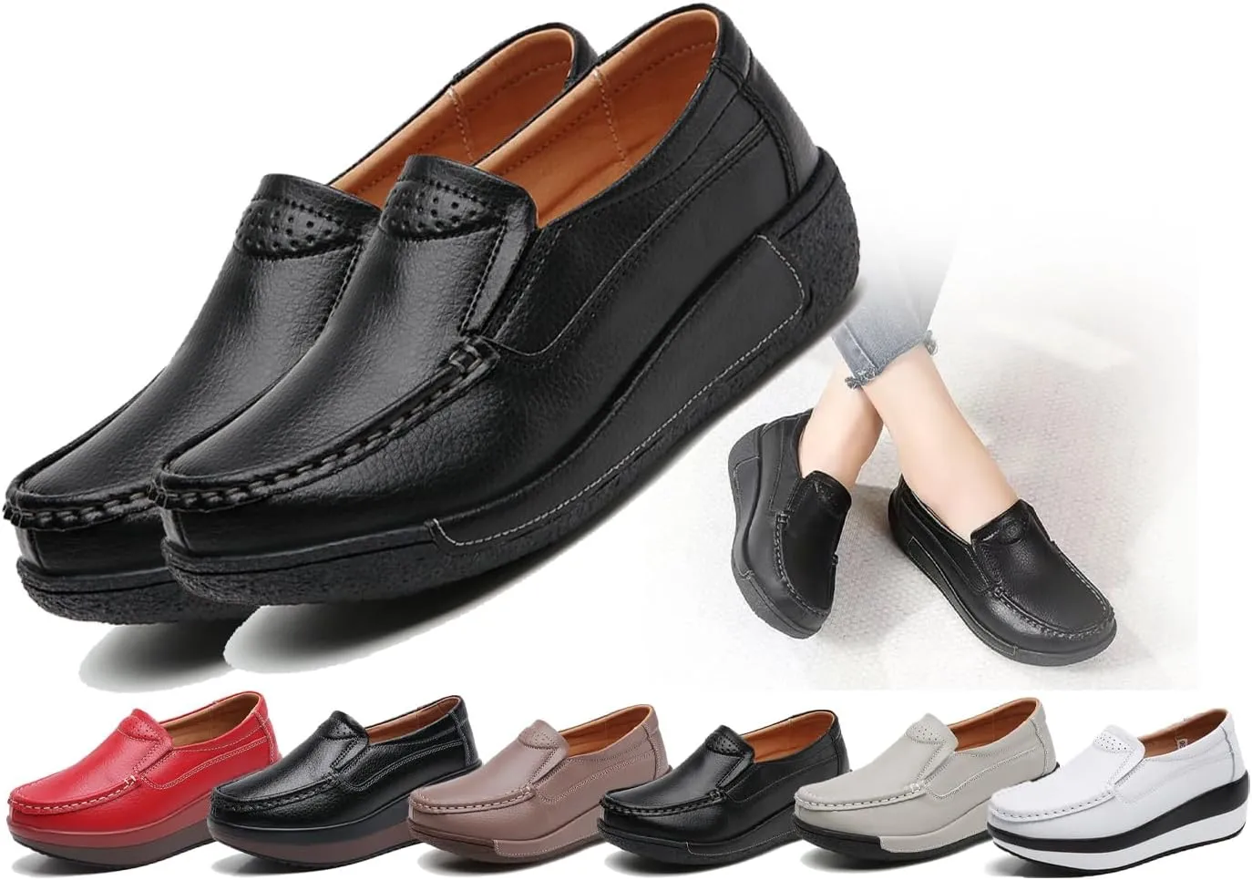 Women's Leather Lace up Slip On Platform Loafers,Comfortable Arch Support Round Toe Wedge Non-Slip Increase Wide Low Top Casual Platform Shoes