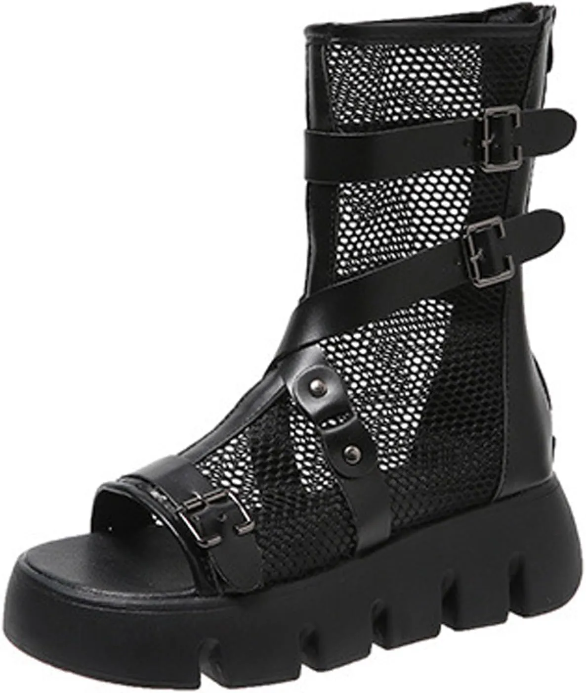 Women's Leather Mesh Hollow Fish Mouth Platform Gladiator Sandals Summer Comfortable Breathable Open Toe High Top Back Zipper Wedge Sole Fisherman Y2k Sandals With Metal Buckle Decor