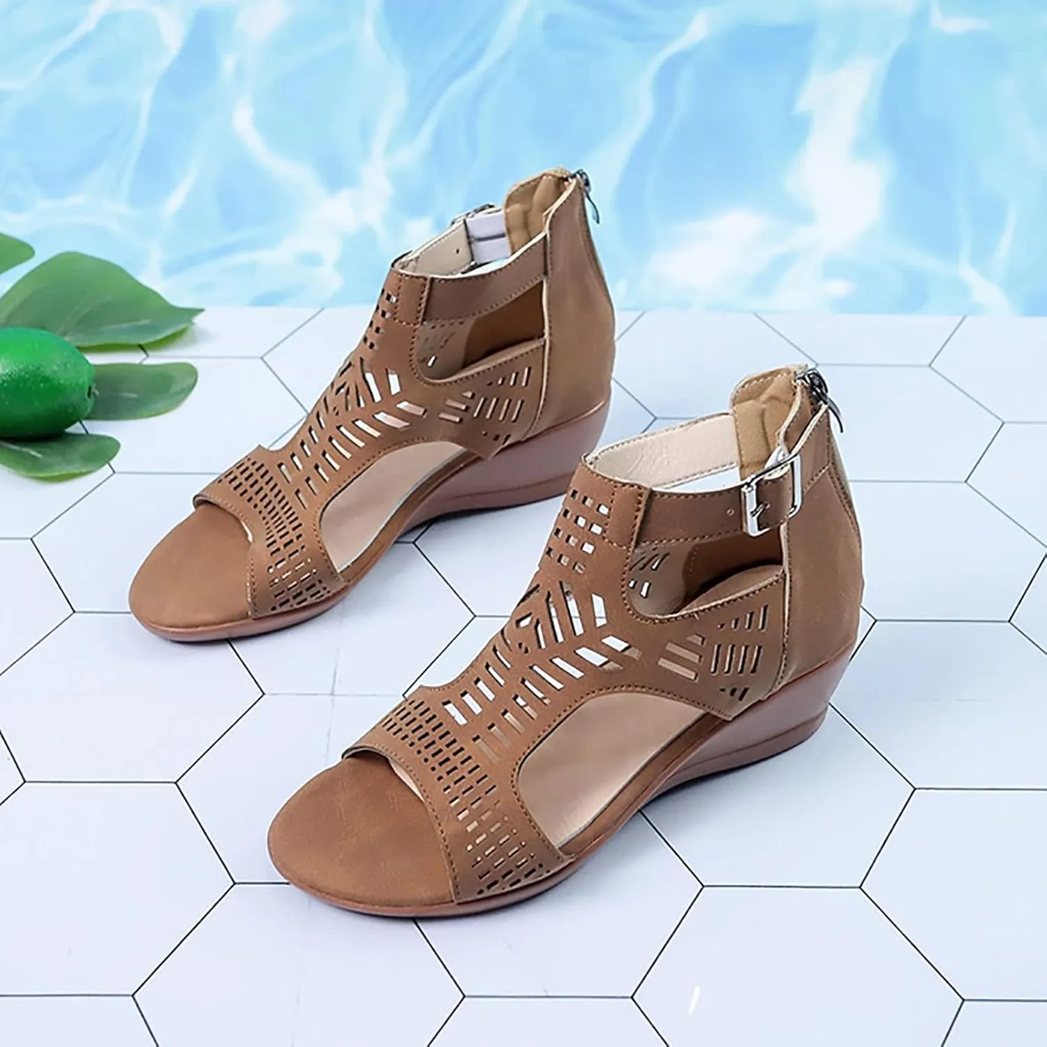 Womens Low Wedge Sandals Breathable Hollowed Out Dressy Casual Slides Sandals Orthopedic Comfort Summer Shoes with Zipper for All Occasions: Casual, Work, Party