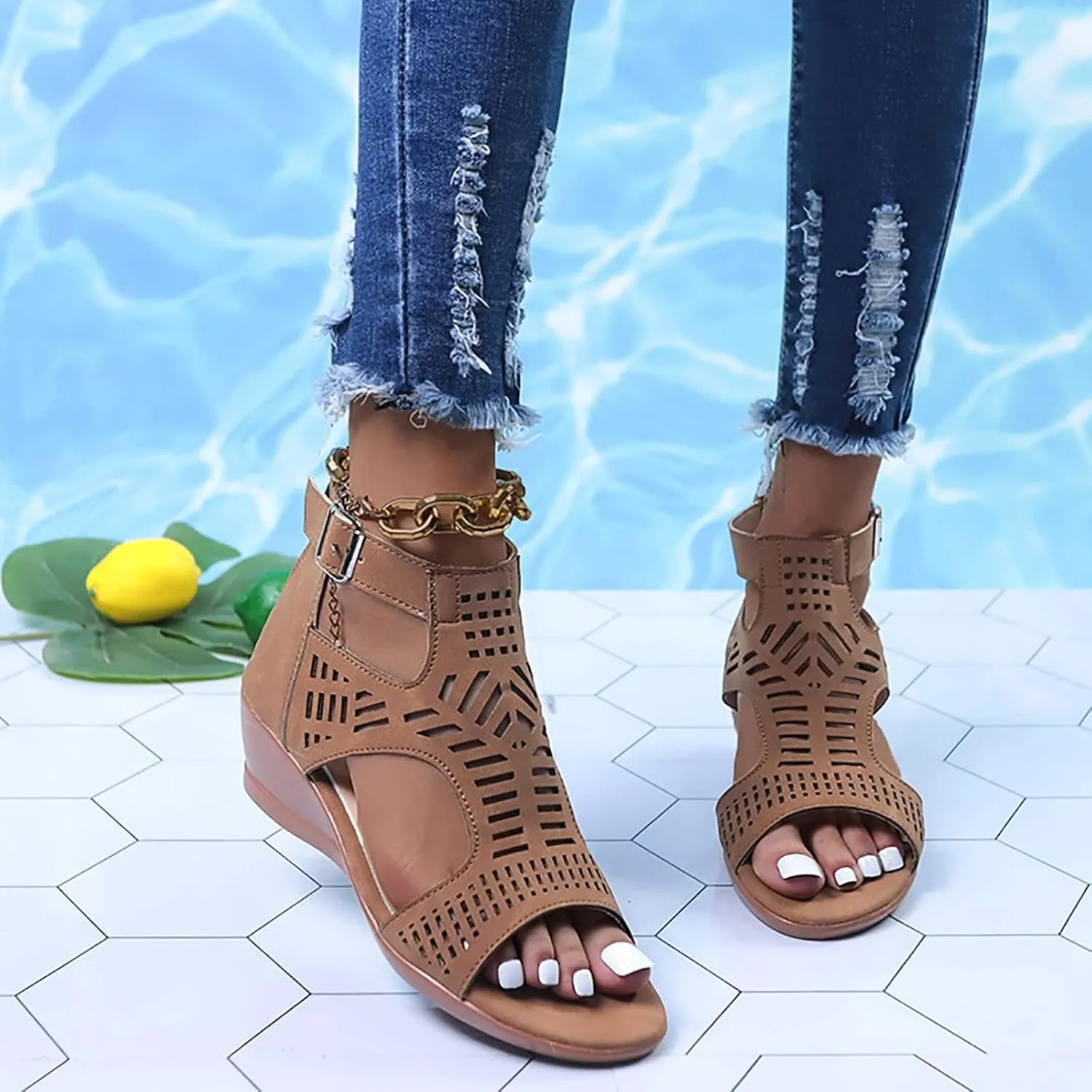 Womens Low Wedge Sandals Breathable Hollowed Out Dressy Casual Slides Sandals Orthopedic Comfort Summer Shoes with Zipper for All Occasions: Casual, Work, Party