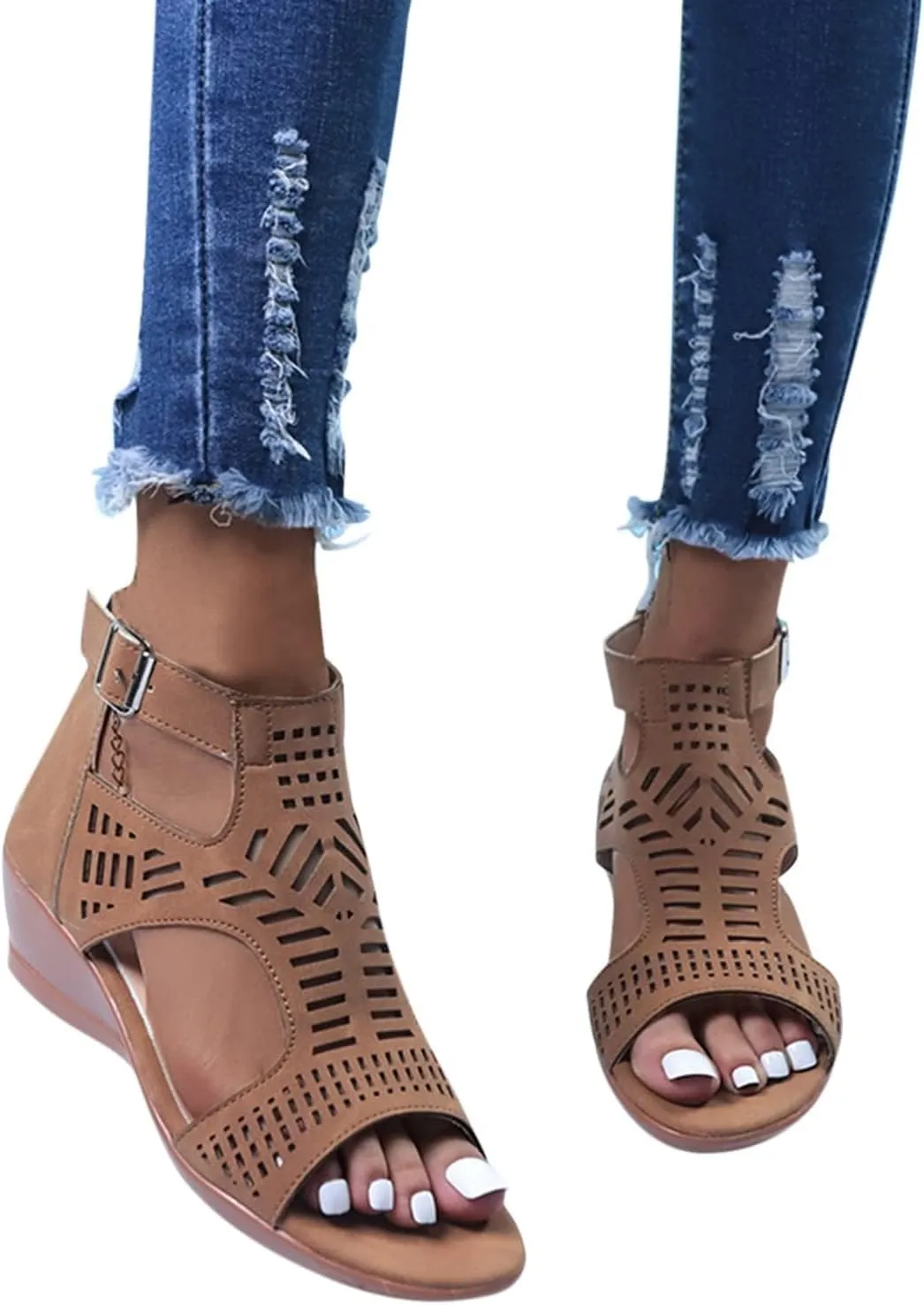 Womens Low Wedge Sandals Breathable Hollowed Out Dressy Casual Slides Sandals Orthopedic Comfort Summer Shoes with Zipper for All Occasions: Casual, Work, Party