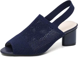Women's Mesh Hollow Out Fish MouthChunky Heel Slingback Sandals Elastic Strap Casual Round Open Toe Comfort Mid Block Heel Work Walking Sandals Summer Outdoor Fashion Beach Sandals