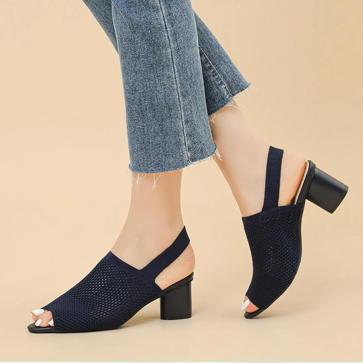 Women's Mesh Hollow Out Fish MouthChunky Heel Slingback Sandals Elastic Strap Casual Round Open Toe Comfort Mid Block Heel Work Walking Sandals Summer Outdoor Fashion Beach Sandals
