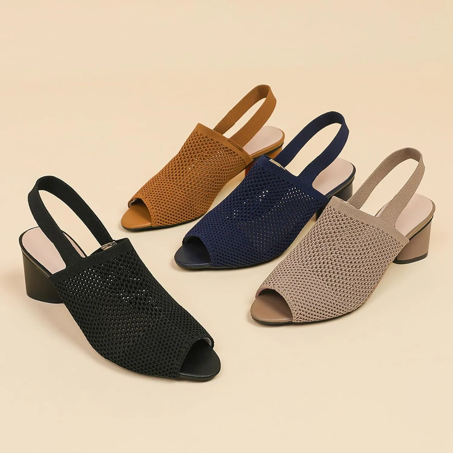 Women's Mesh Hollow Out Fish MouthChunky Heel Slingback Sandals Elastic Strap Casual Round Open Toe Comfort Mid Block Heel Work Walking Sandals Summer Outdoor Fashion Beach Sandals