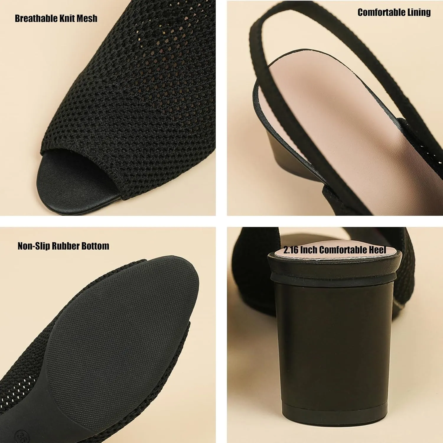Women's Mesh Hollow Out Fish MouthChunky Heel Slingback Sandals Elastic Strap Casual Round Open Toe Comfort Mid Block Heel Work Walking Sandals Summer Outdoor Fashion Beach Sandals