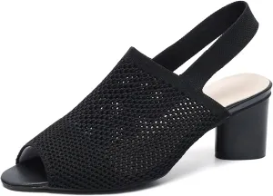 Women's Mesh Hollow Out Fish MouthChunky Heel Slingback Sandals Elastic Strap Casual Round Open Toe Comfort Mid Block Heel Work Walking Sandals Summer Outdoor Fashion Beach Sandals