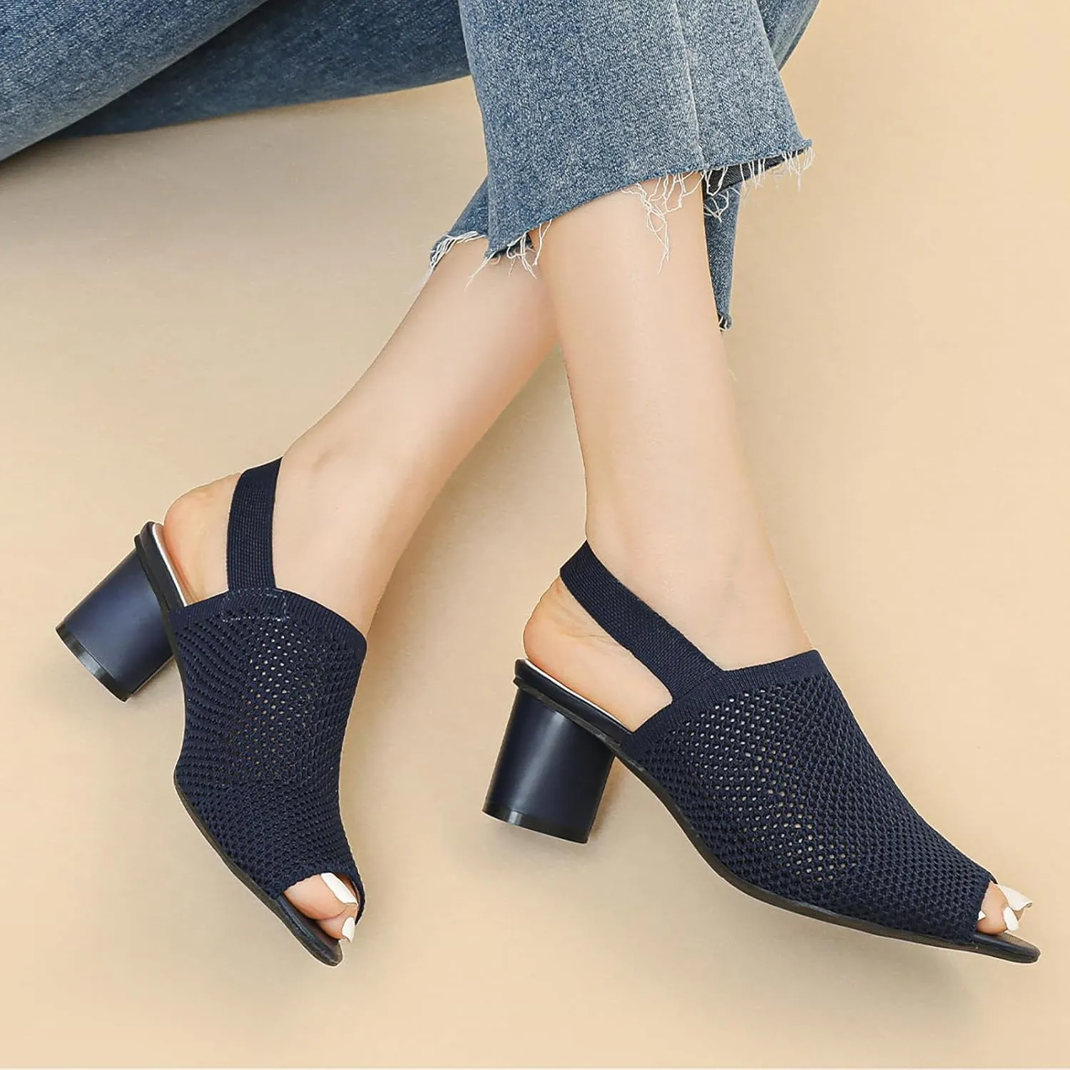 Women's Mesh Hollow Out Fish MouthChunky Heel Slingback Sandals Elastic Strap Casual Round Open Toe Comfort Mid Block Heel Work Walking Sandals Summer Outdoor Fashion Beach Sandals