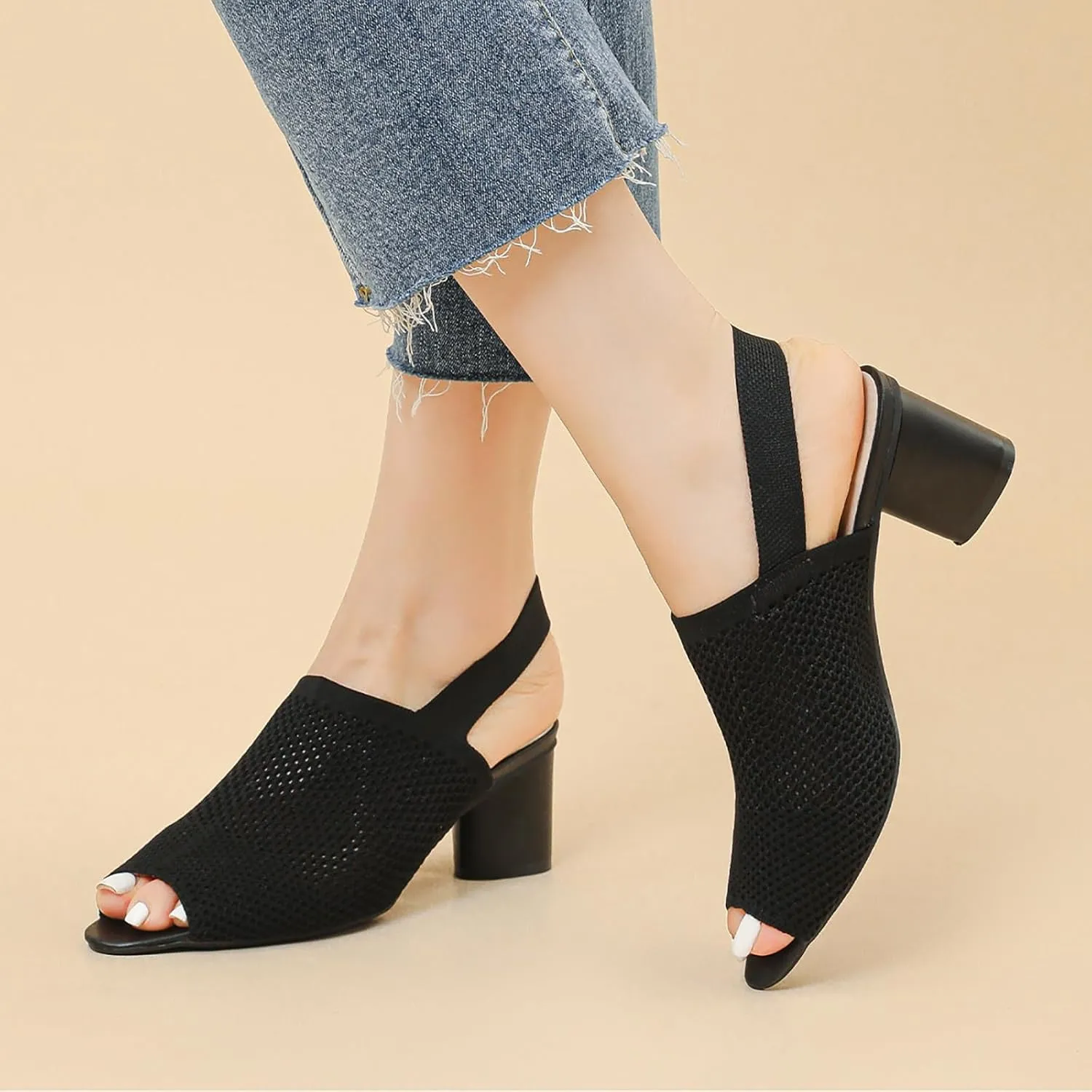 Women's Mesh Hollow Out Fish MouthChunky Heel Slingback Sandals Elastic Strap Casual Round Open Toe Comfort Mid Block Heel Work Walking Sandals Summer Outdoor Fashion Beach Sandals