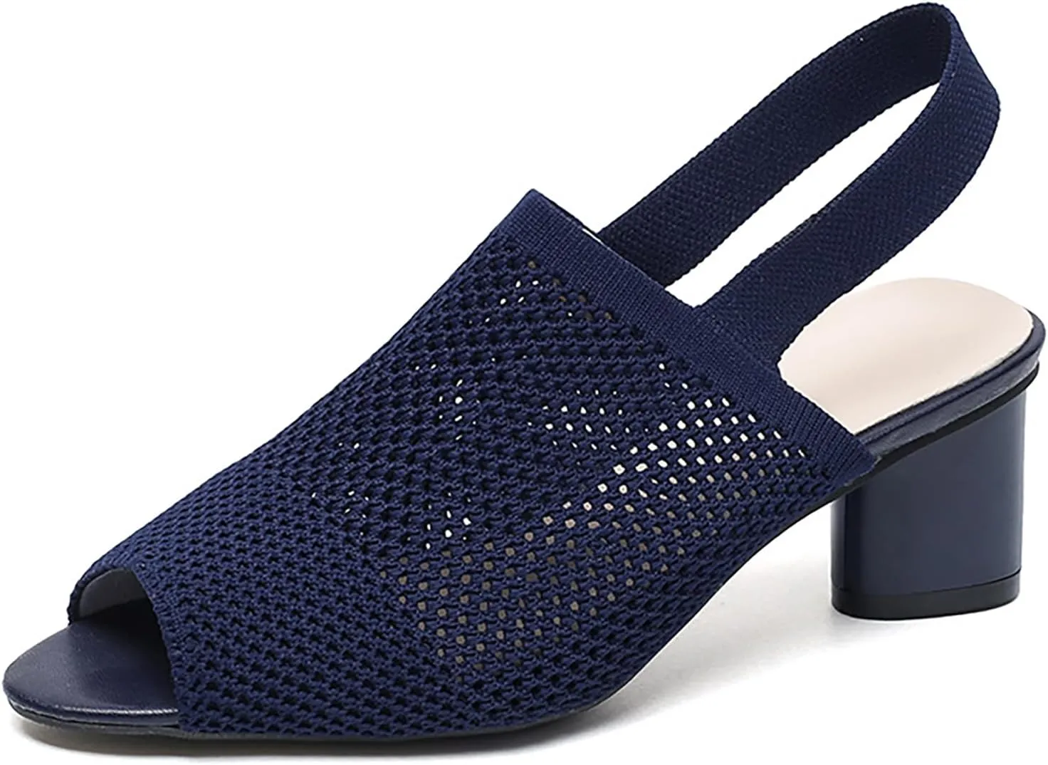 Women's Mesh Hollow Out Fish MouthChunky Heel Slingback Sandals Elastic Strap Casual Round Open Toe Comfort Mid Block Heel Work Walking Sandals Summer Outdoor Fashion Beach Sandals
