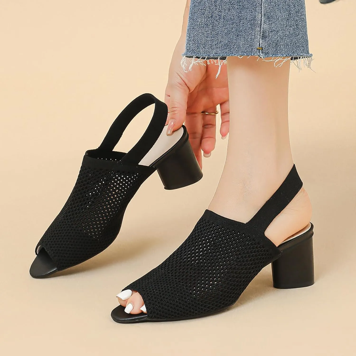 Women's Mesh Hollow Out Fish MouthChunky Heel Slingback Sandals Elastic Strap Casual Round Open Toe Comfort Mid Block Heel Work Walking Sandals Summer Outdoor Fashion Beach Sandals