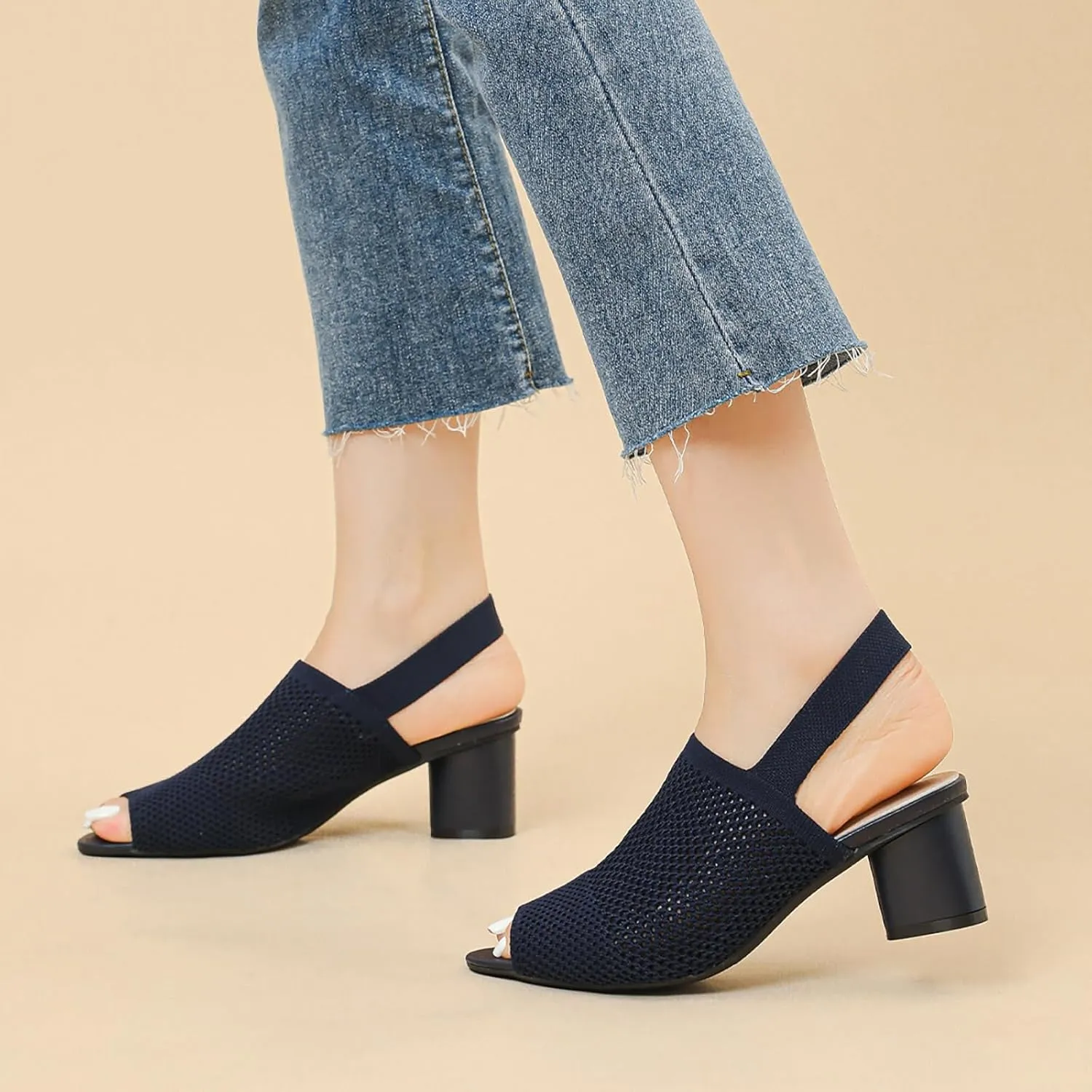 Women's Mesh Hollow Out Fish MouthChunky Heel Slingback Sandals Elastic Strap Casual Round Open Toe Comfort Mid Block Heel Work Walking Sandals Summer Outdoor Fashion Beach Sandals