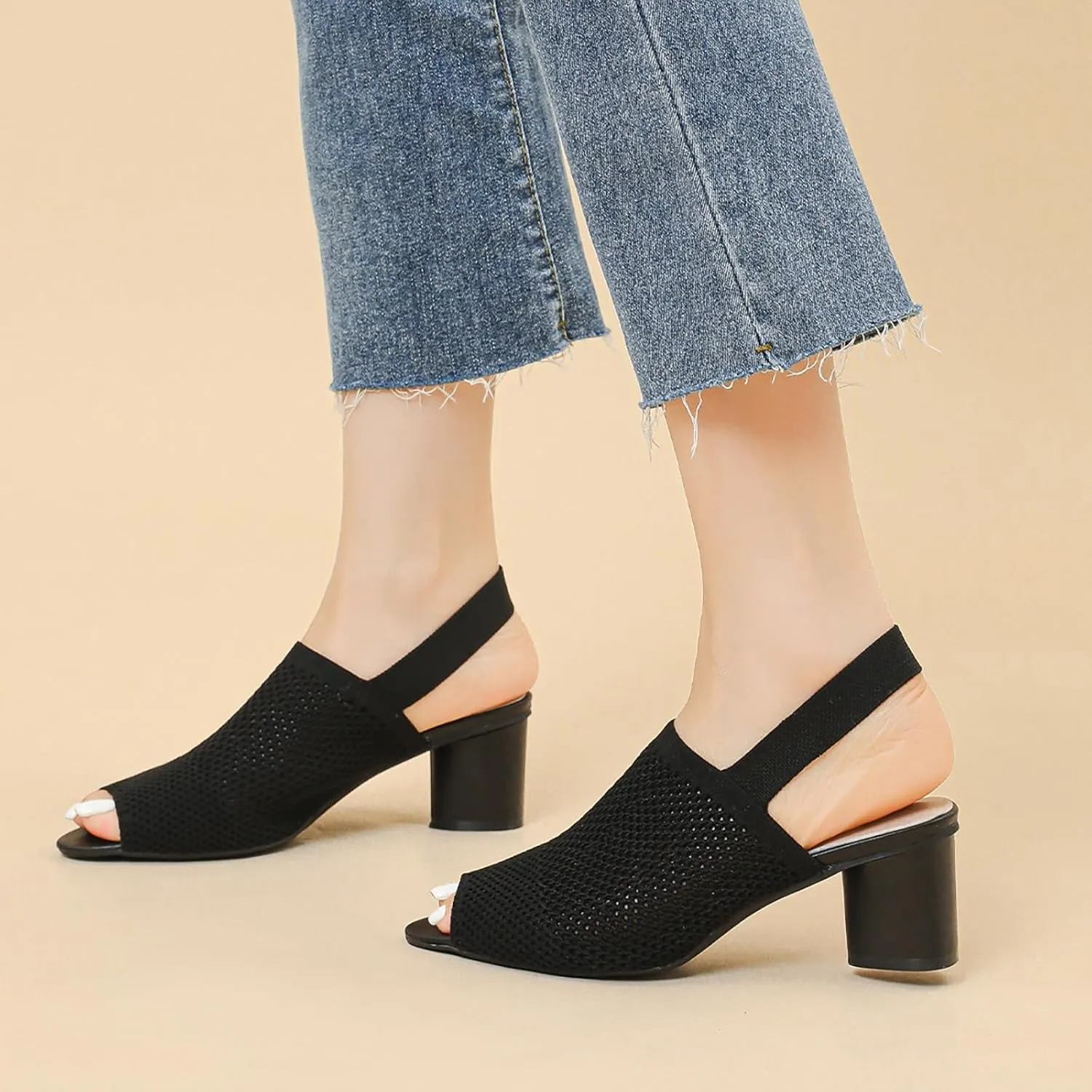 Women's Mesh Hollow Out Fish MouthChunky Heel Slingback Sandals Elastic Strap Casual Round Open Toe Comfort Mid Block Heel Work Walking Sandals Summer Outdoor Fashion Beach Sandals