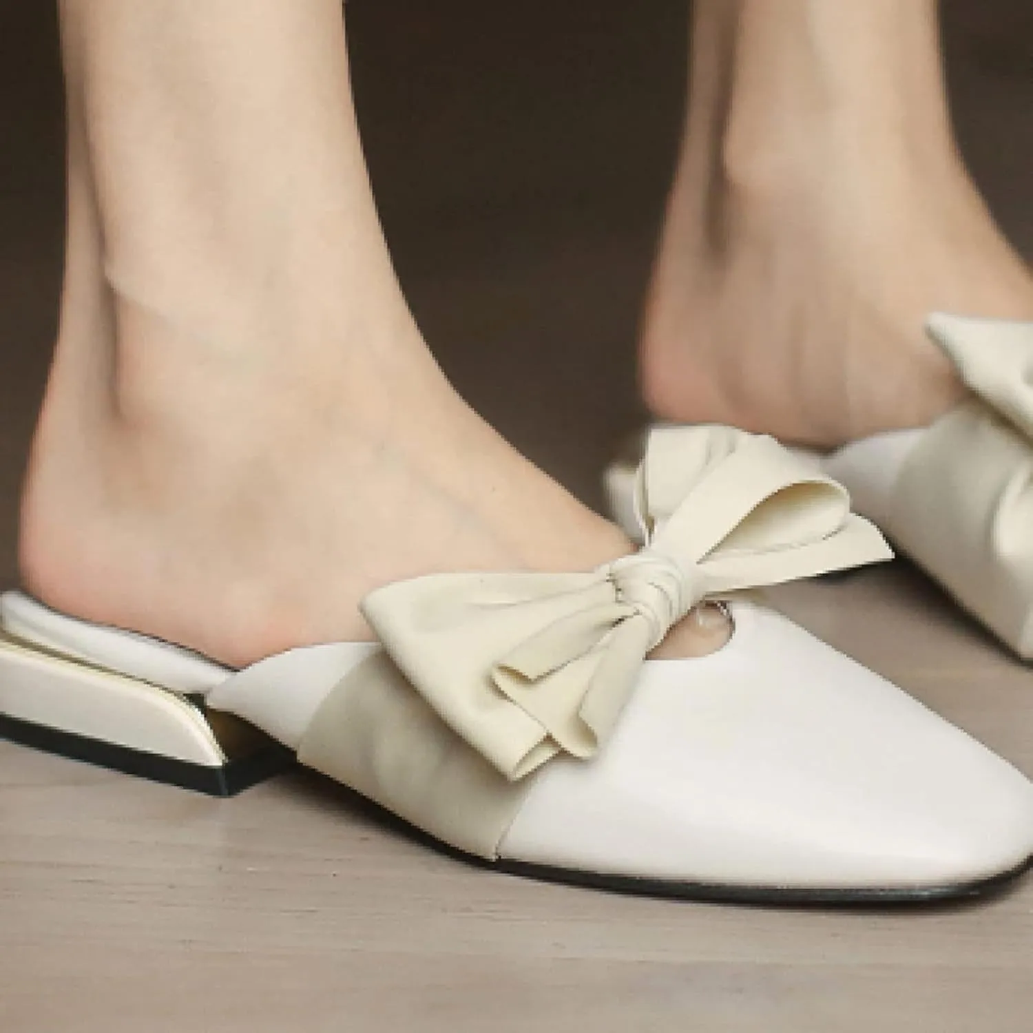 Women's Mule Shoes, Women's Slippers, Casual Bow Tie, Square Toe, Low Heel, Backless Outdoor Mule Sandals