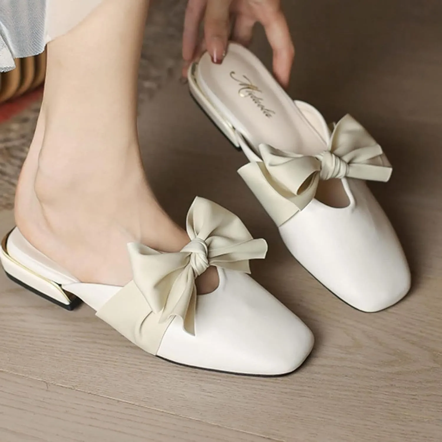 Women's Mule Shoes, Women's Slippers, Casual Bow Tie, Square Toe, Low Heel, Backless Outdoor Mule Sandals