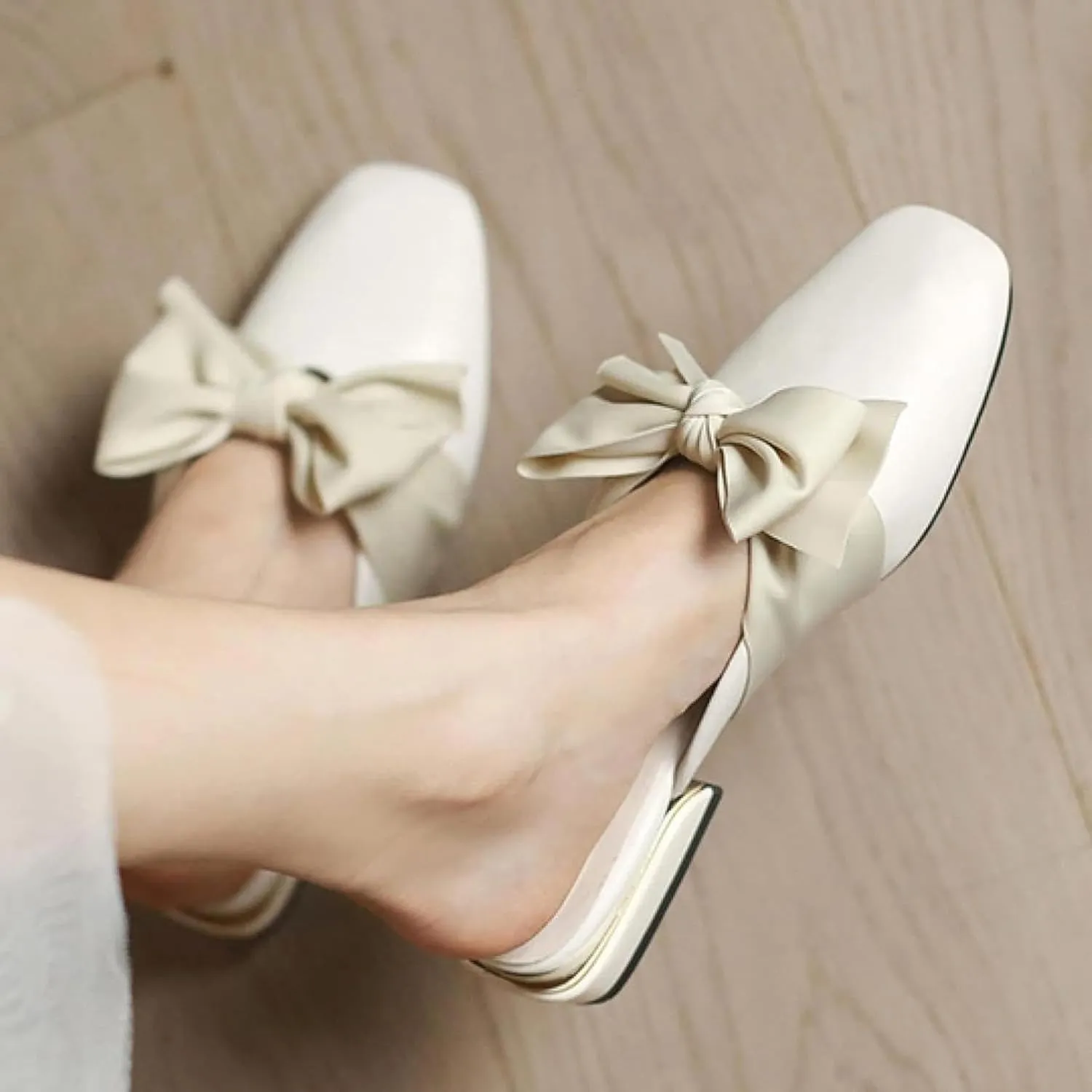 Women's Mule Shoes, Women's Slippers, Casual Bow Tie, Square Toe, Low Heel, Backless Outdoor Mule Sandals