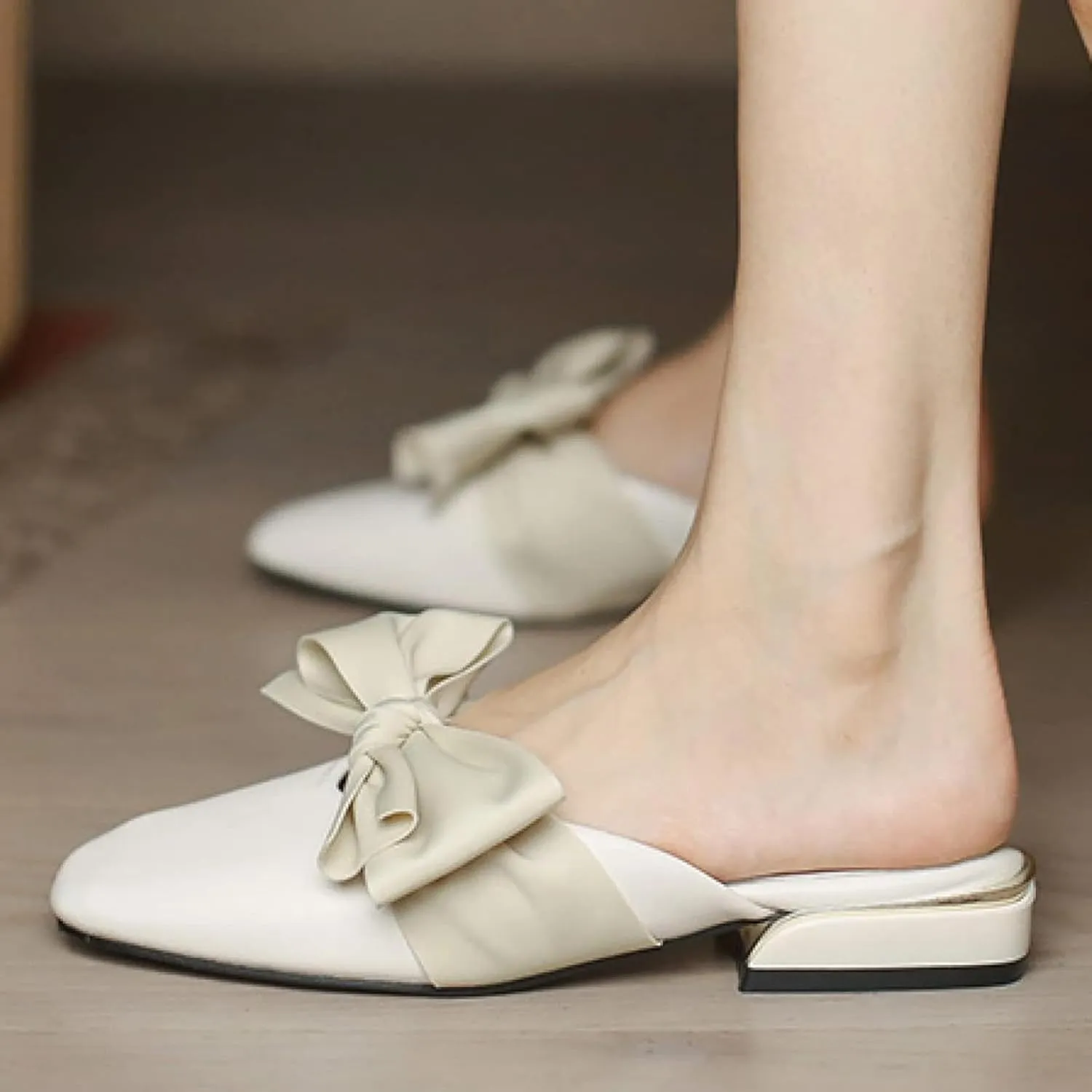 Women's Mule Shoes, Women's Slippers, Casual Bow Tie, Square Toe, Low Heel, Backless Outdoor Mule Sandals
